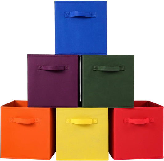 Stero 13x13x13 Inch Fabric Storage Bins 6 Pack Fun Colored Durable Storage Cubes with Handles Foldable Cube Baskets for Home, Kids Room, Closet and Toys Organization Orange-Multi Colors-2