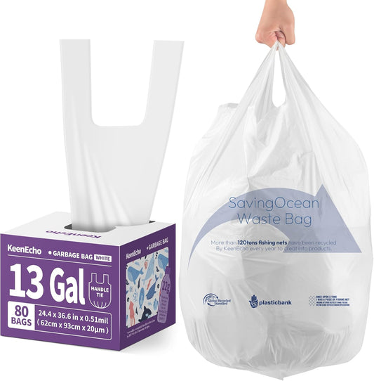 Small Trash Bags with Handles 13 Gallon 80 Count White - Ocean Plastic Upcycling - Plastic Garbage Bags, Can Bin & Waste Basket Liner for Kitchen, Bathroom, Office and Pets