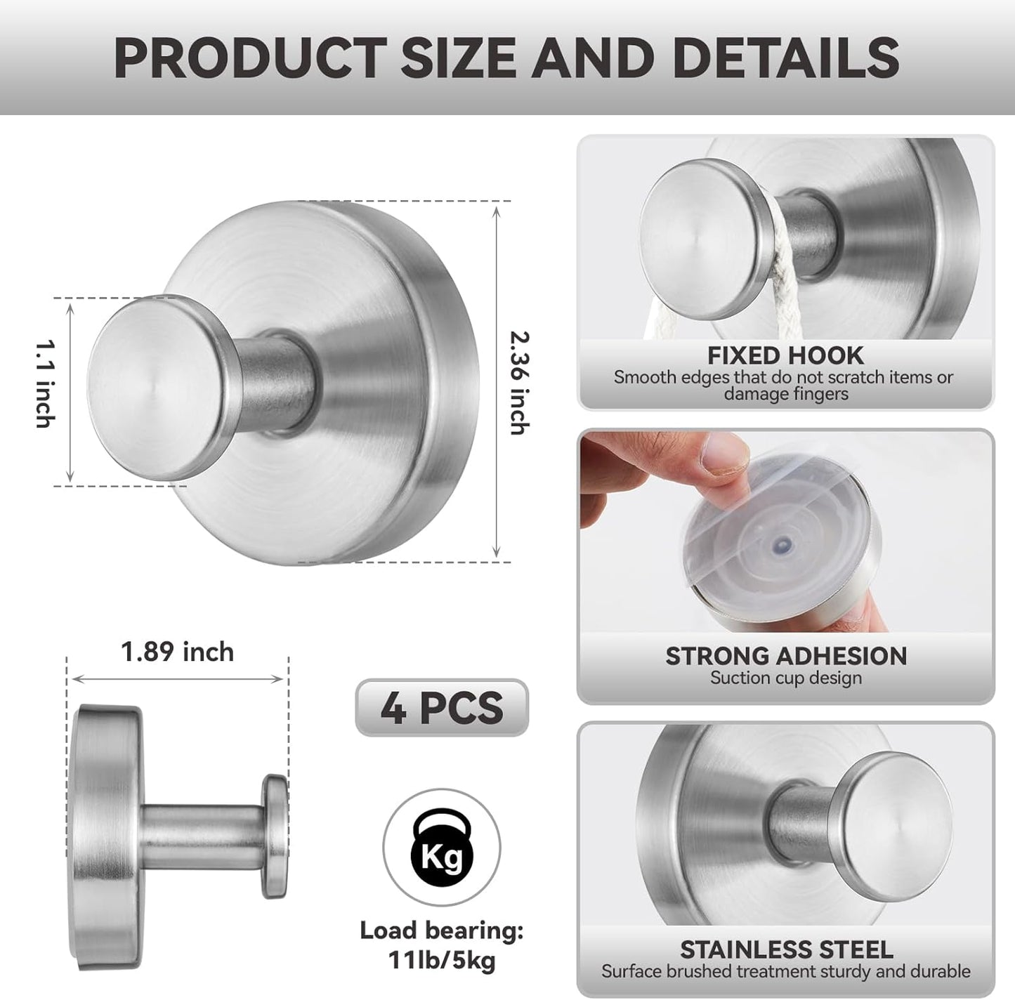 4 PCS Suction Cup Hooks for Shower, Stainless Steel No Drill Suction Towel Hooks, Reusable Sticky Silicone Suction Cup Base for Bathroom Wall, Glass, Mirror, Tile to Hang Loofahs, Robes (Silvery)