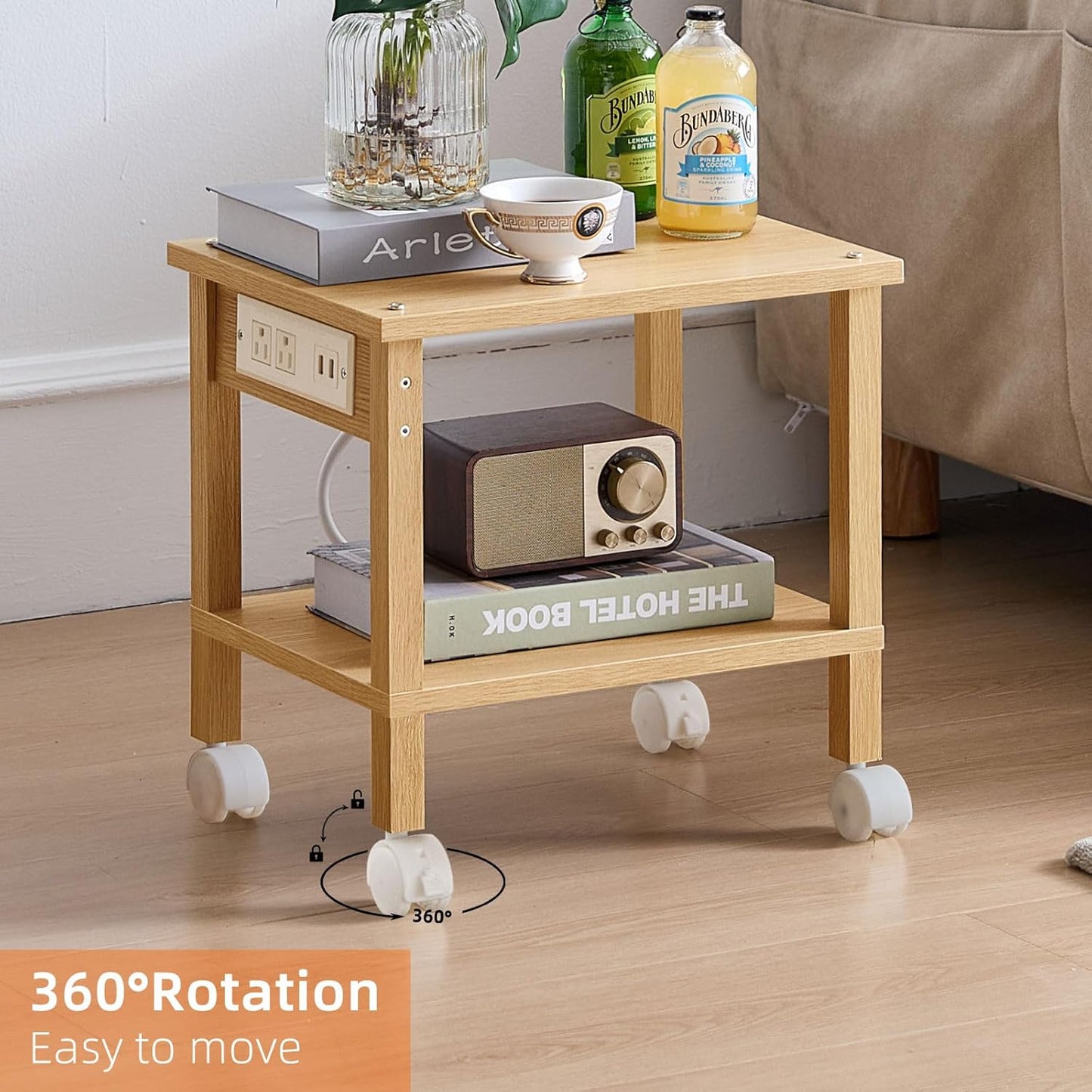 Lerliuo Under Desk Printer Stand with Charging Station, 2 Tier Wooden Small Printer Table with Storage, Rolling Printer Cart Shelf with Lockable Wheels for Home, Office (Natural)