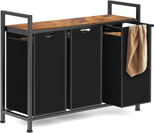 Laundry Hamper, Laundry Sorter with 3 Pull-Out Removable Oxford Fabric Bags Cloth Laundry Basket 3 x 10 Gallons (Black and Rustic Brown)