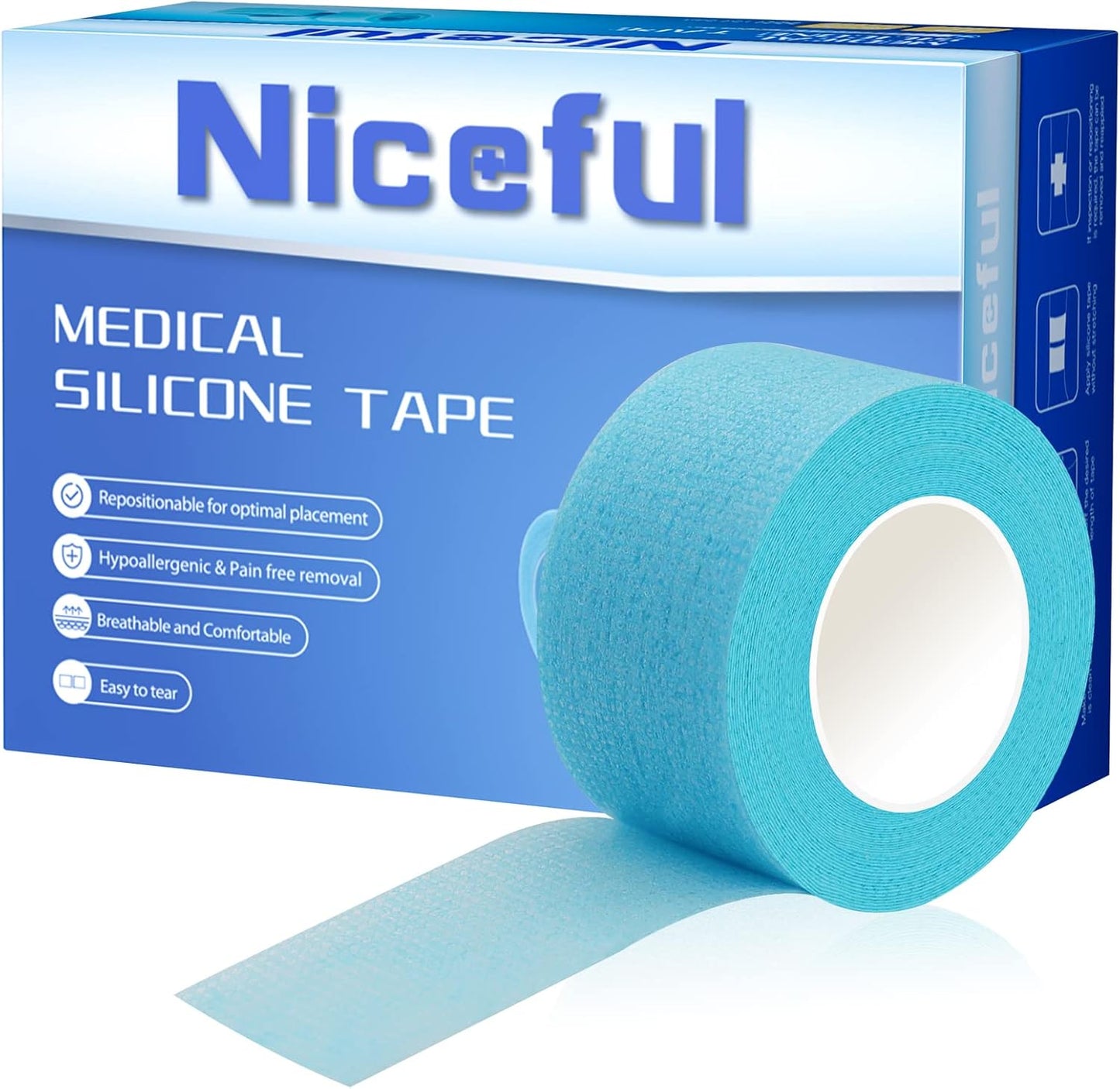 4 Rolls Silicone Sensitive Skin Tape 1"x 4 Yard, Repositionable Medical Tape for Waterproof, Easy to Remove, Blue Lash Tape Non-Woven Silicone Roll Tape for Wound Care