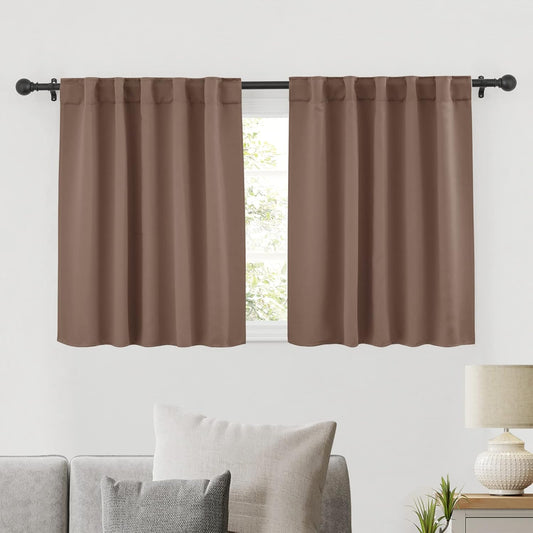 RYB HOME Short Curtains for Kitchen, Blackout Thermal Insulated Window Drapes Back Tabs Room Darkening Half Window Curtains for Studio Dorm Loft, Mocha, W42 x L36 inch, Set of 2 Panels