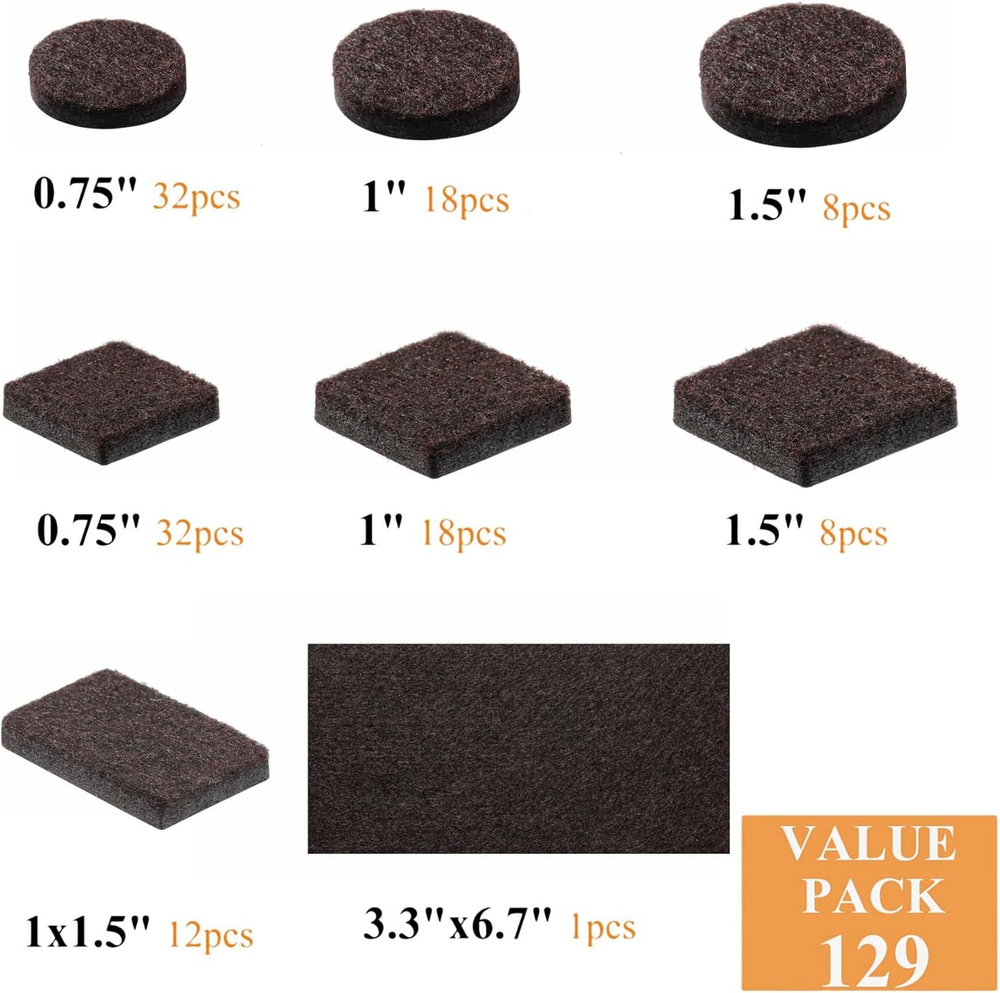 Felt Furniture Pads for Hardwood Floors 129 Piece, Furnigear Anti Scratches Felt Pads for Round, Square Chair Feet Self Adhesive Chair Felt Pads Sliders Moving Your Furniture Smoothly, Brown