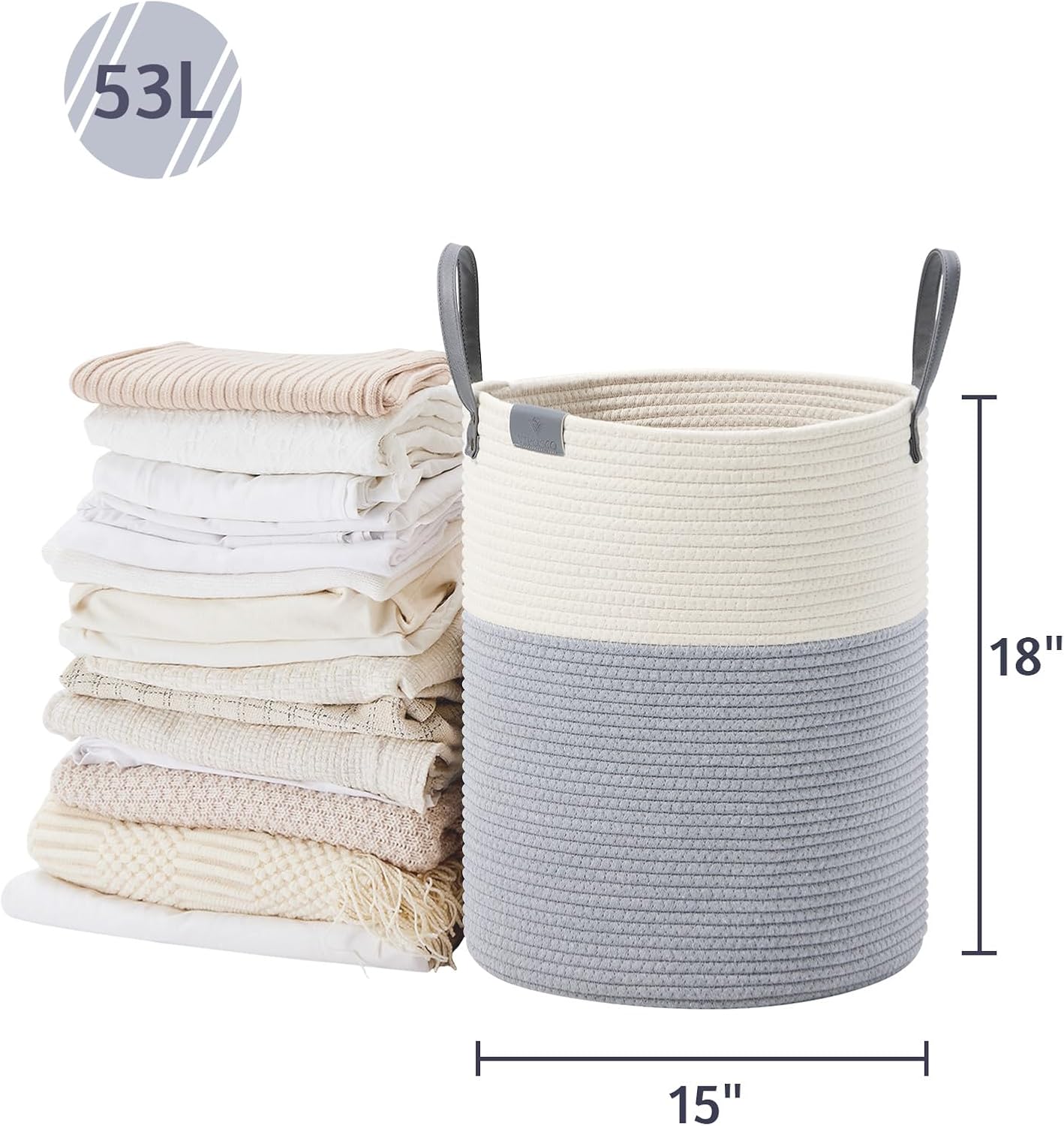 VIPOSCO Tall Laundry Basket, Large Dirty Clothes Hamper with Leather Handle, Woven Rope Storage Basket for Blanket, Toy In Living Room, Bathroom, Bedroom - 53L Grey & White