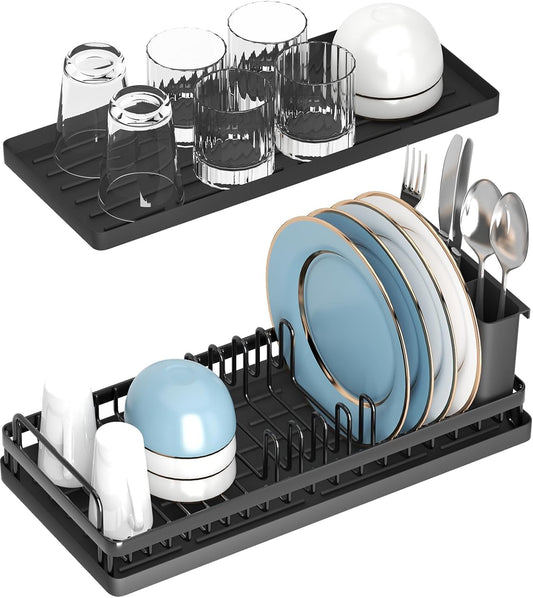 Small Dish Drying Rack, Compact Sink Dish Drainer Plate Organizer with Utensil Holder and 2pcs Silicone Drying Mats for Kitchen Counter, RVs, Apartments