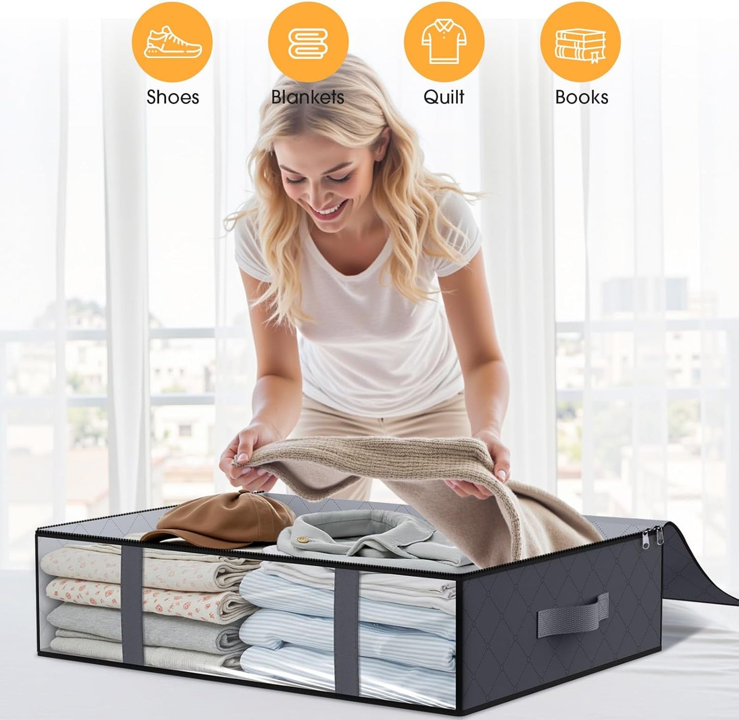 StorageRight Under Bed Storage Bins, 2-Pack 40L Foldable Fabric Storage Bags with Transparent Window, Breathable Organizer for Clothes/Blanket/Comforter/Quilt, Grey