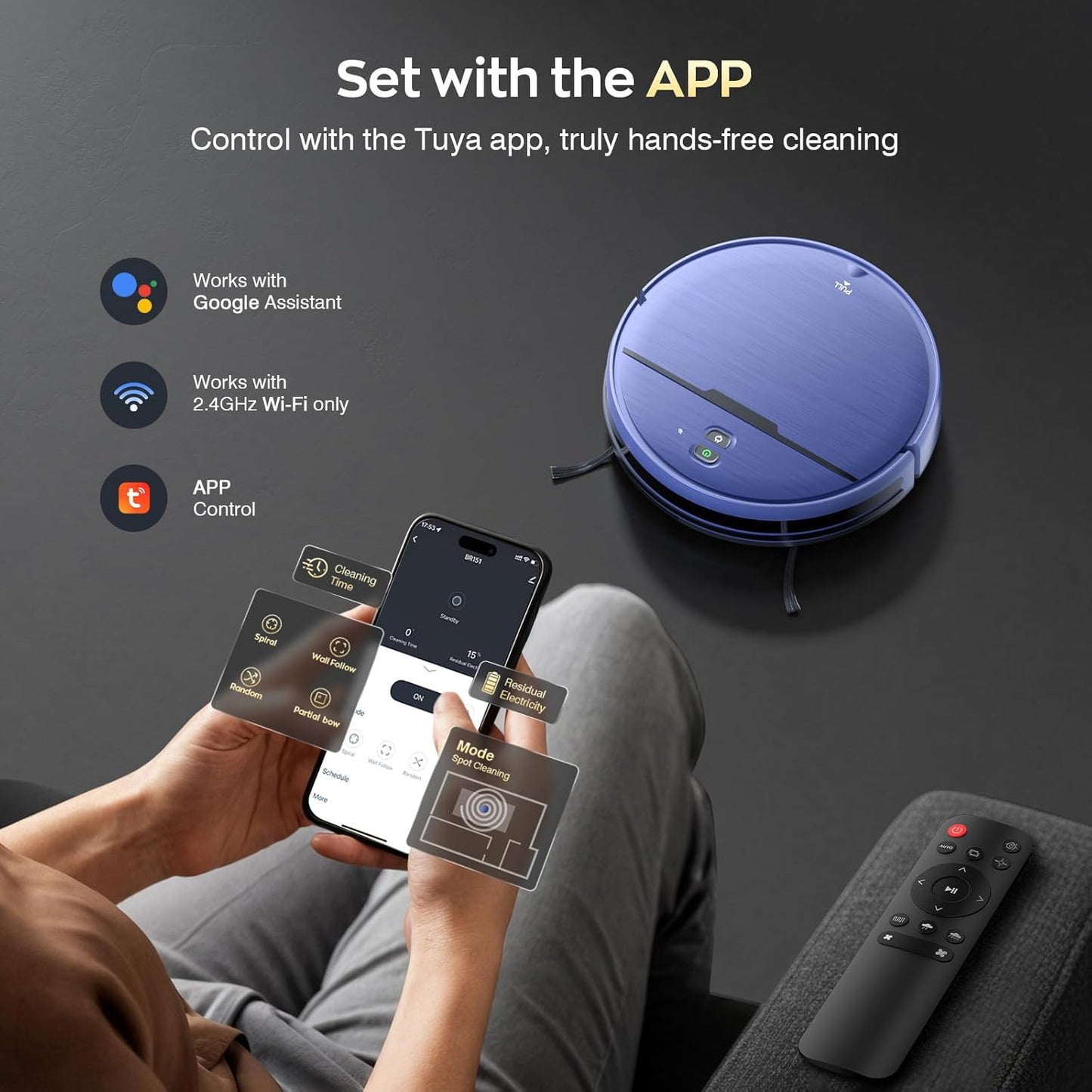 Robot Vacuum and Mop Combo with APP/Voice/Remote Control, 2 in 1 Vacuuming & Mopping Robot, Schedule, Strong Suction, Tangle-Free, Slim & Quiet, for Homes with Pets, Low Pile Carpet & Hard Floors