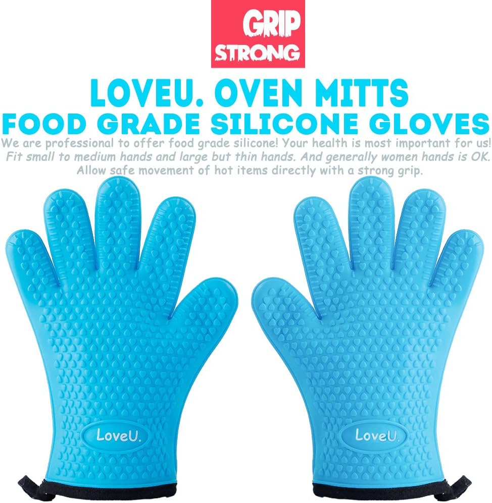 Kitchen Oven Gloves - Dual-Layer Heat Resistant Grilling Gloves, Silicone Oven Mitts with 5 Fingers, Waterproof Non-Slip Pot Holder for Barbecue, Cooking, Baking (Small, Blue)