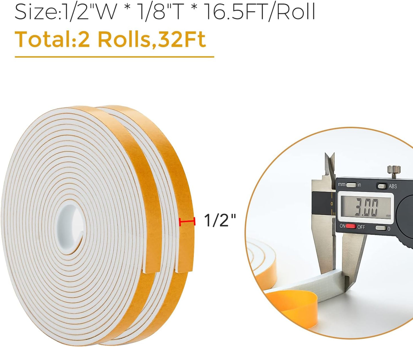 32 Feet Weather Stripping Door Seal, 1/2" Wide X 1/8" Thick Door Seal Strip High Density Foam Tape Adhesive Strip for Door Soundproofing,Window Insulation (1/2" x 1/8" x 32FT,White)