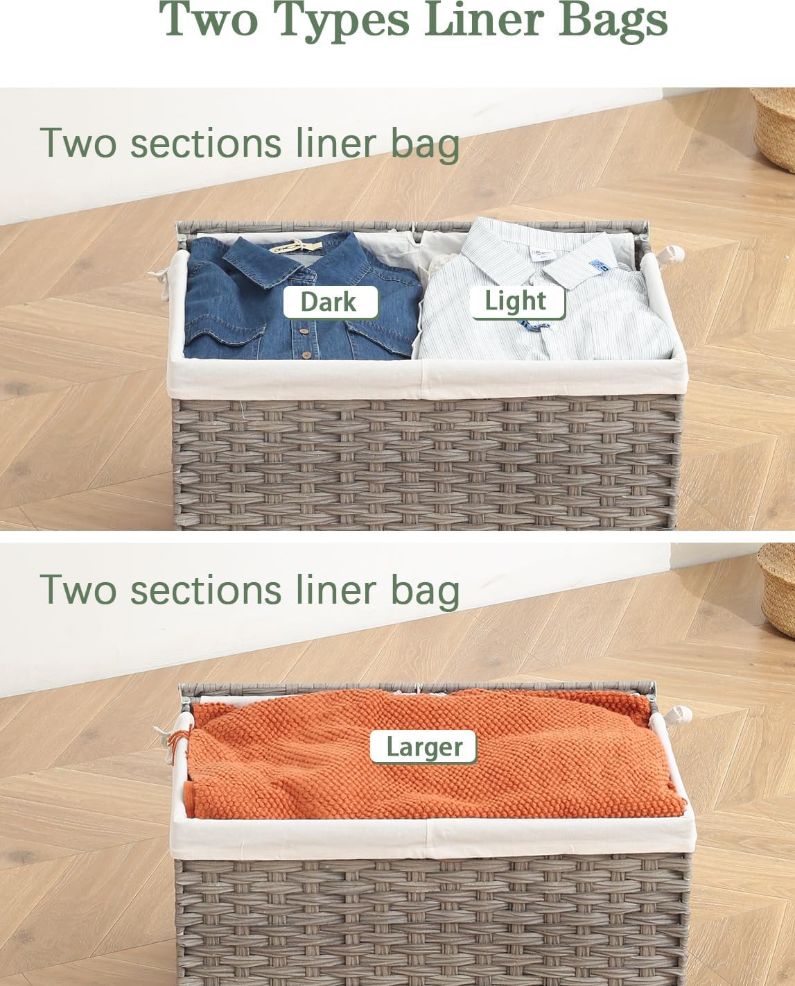 Storage Basket with Lid Wicker Baskets for Storage with 2 Separate Lid 42.3 Gallon (160 L) 29.9 x 17.3 x 18.1 Inches Rattan Woven Large Wicker Basket with 2 Liners for Bedroom Laundry Gray