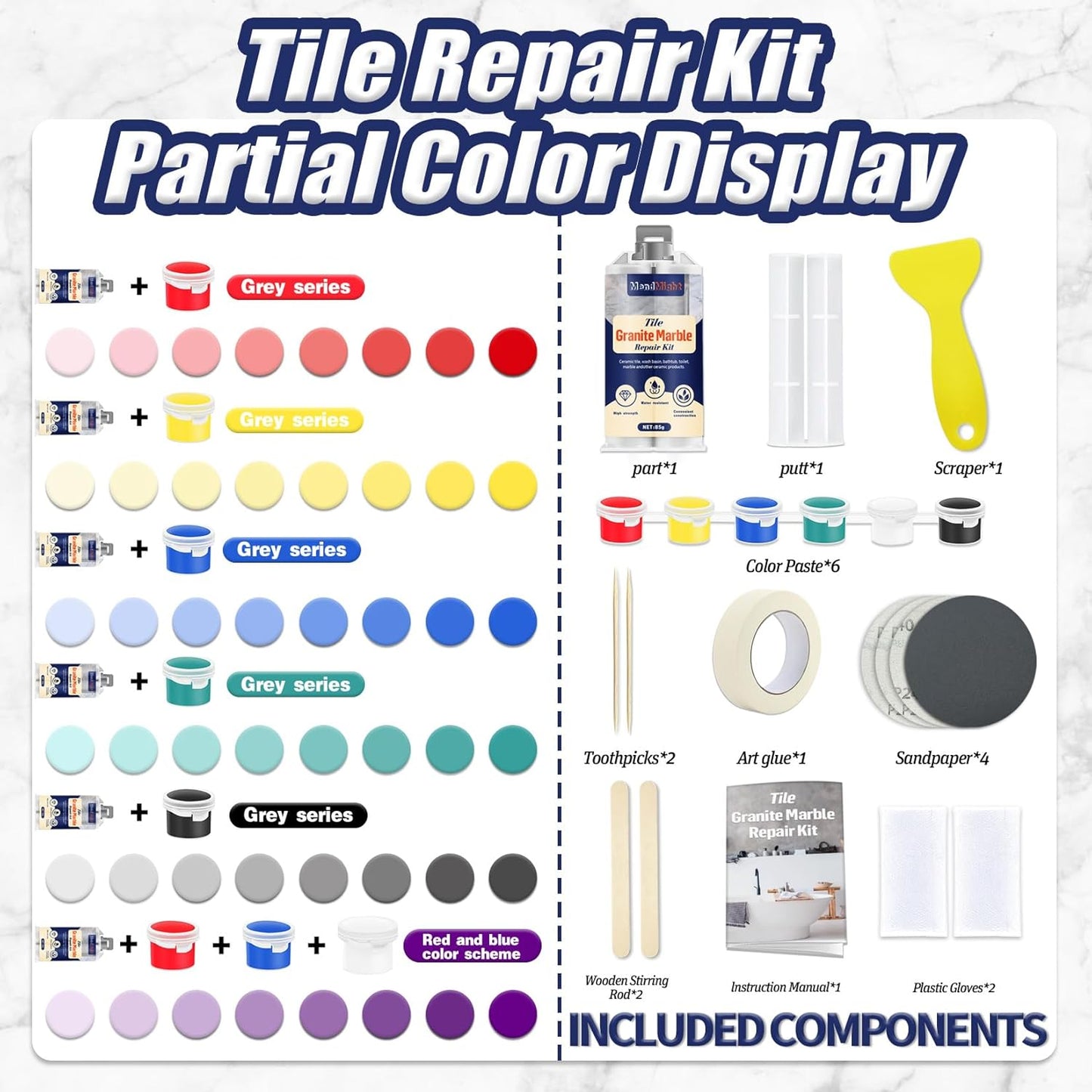 Tile and Granite/Marble Repair Kit, Porcelain Stone and Quartz Countertops Repair Kit for Chips Dents Cracks Holes Scratch, Fix Chipped Edges Corners, Reattaches Missing Pieces