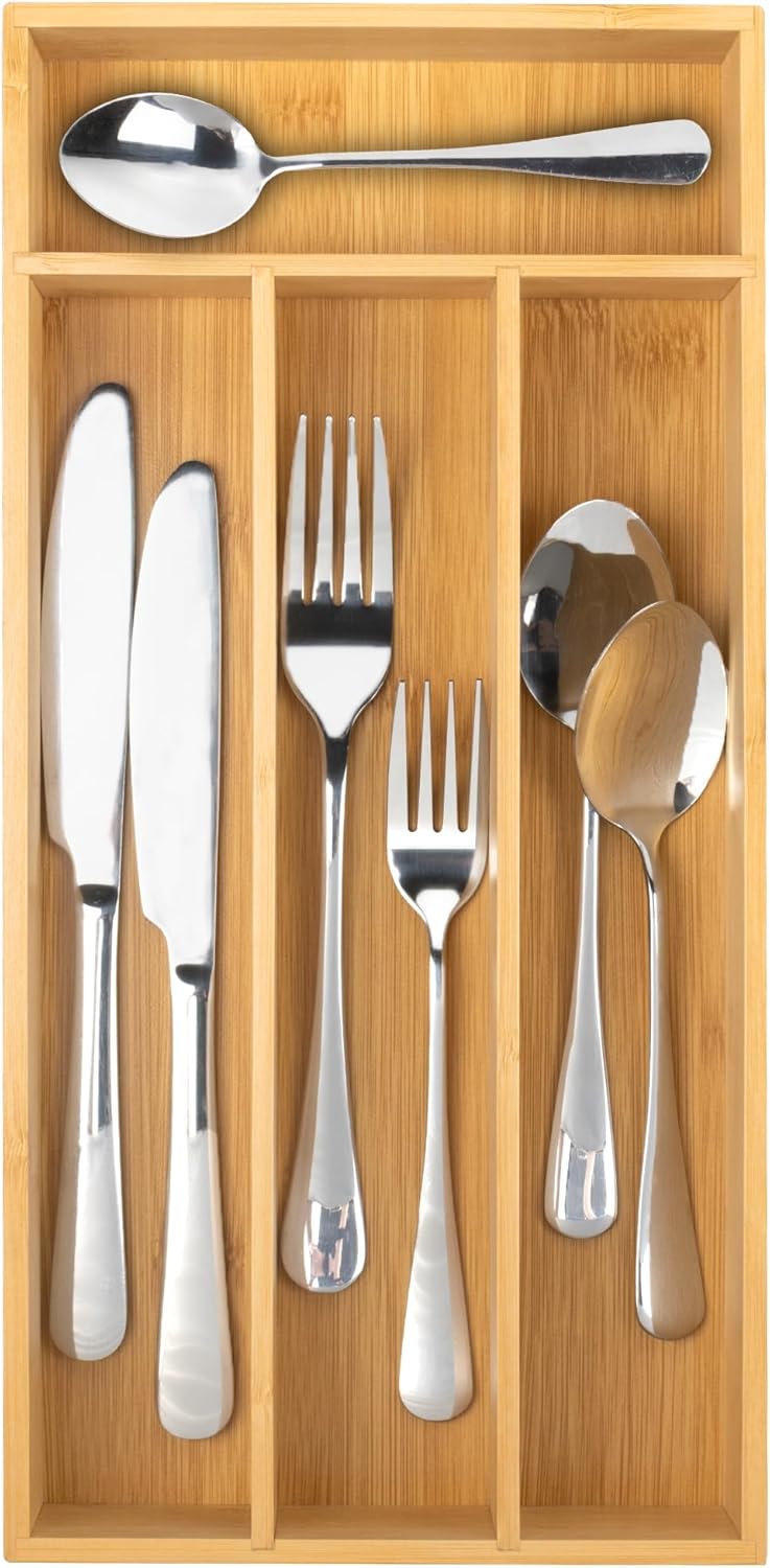 Silverware Organizer - Bamboo Kitchen Drawer Utensil Holder with 4 Slots (Natural)