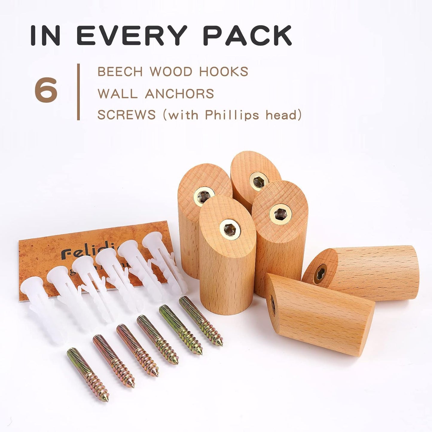 Wood Wall Hooks, 6 Pack Natural Wooden Coat Hooks Wall-Mounted, Rustic Heavy Duty Hook for Hanging Towels Coats Plants, Entryway Hat Hanger Wall Coat Rack (Beech Wood)