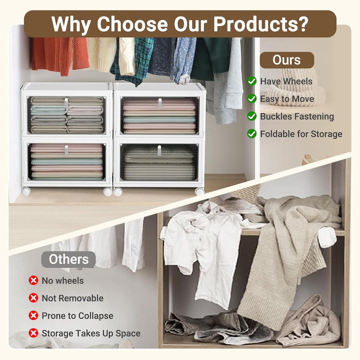 Storage Bins with Lids,4 Tier Stackable Storage Bins with Drawers,4 Pack Collapsible Plastic Storage Boxes with Wheel-1 Lid,23QT Foldable Containers for Closet Living Room Bedroom Office.