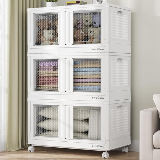 BROVIEW 300Qt Stackable Storage Bins with Lids, 75Gal Closet Organizers and Storage Drawer, Plastic Collapsible Storage Bins with Doors, Heavy Duty Store Box Cabinet for Home Kitchen, 3Pack White