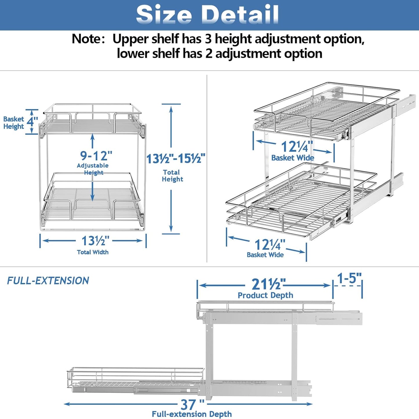 2 Tier Individual Pull Out Cabinet Organizer 13½" W x 21½" D, Heavy Duty Cabinet Pull Out Shelves, Slide Out Drawers Organization for Kitchen Cabinets Bathroom