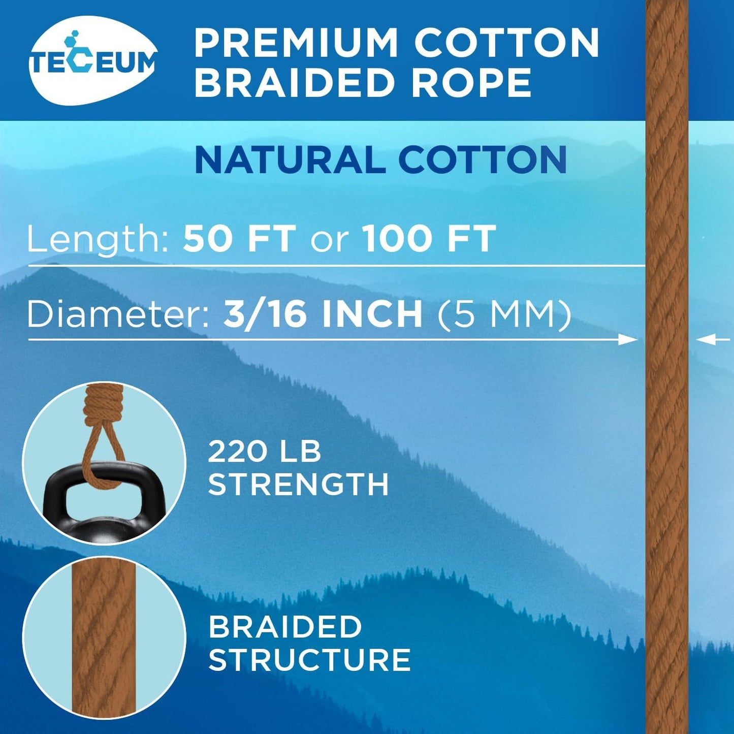TECEUM Cotton Rope 3/16” (5 mm) – 100 FT – Strong All-Purpose Braided Rope – Natural Cotton – for Crafting, Сamping, Clothes Line, DIY, Indoor & Outdoor Use – Ochre