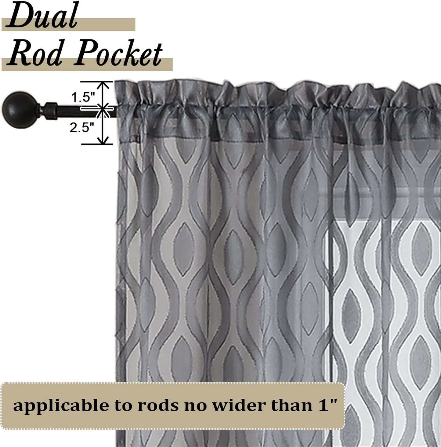 Aiyufeng Sheer Grey Curtains 54 Inch Length 2 Panels, Soft Lightweight Clip Jacquard Textured, Modern Wavy Line Voile for Bedroom Living Room, 40" W x 54" L