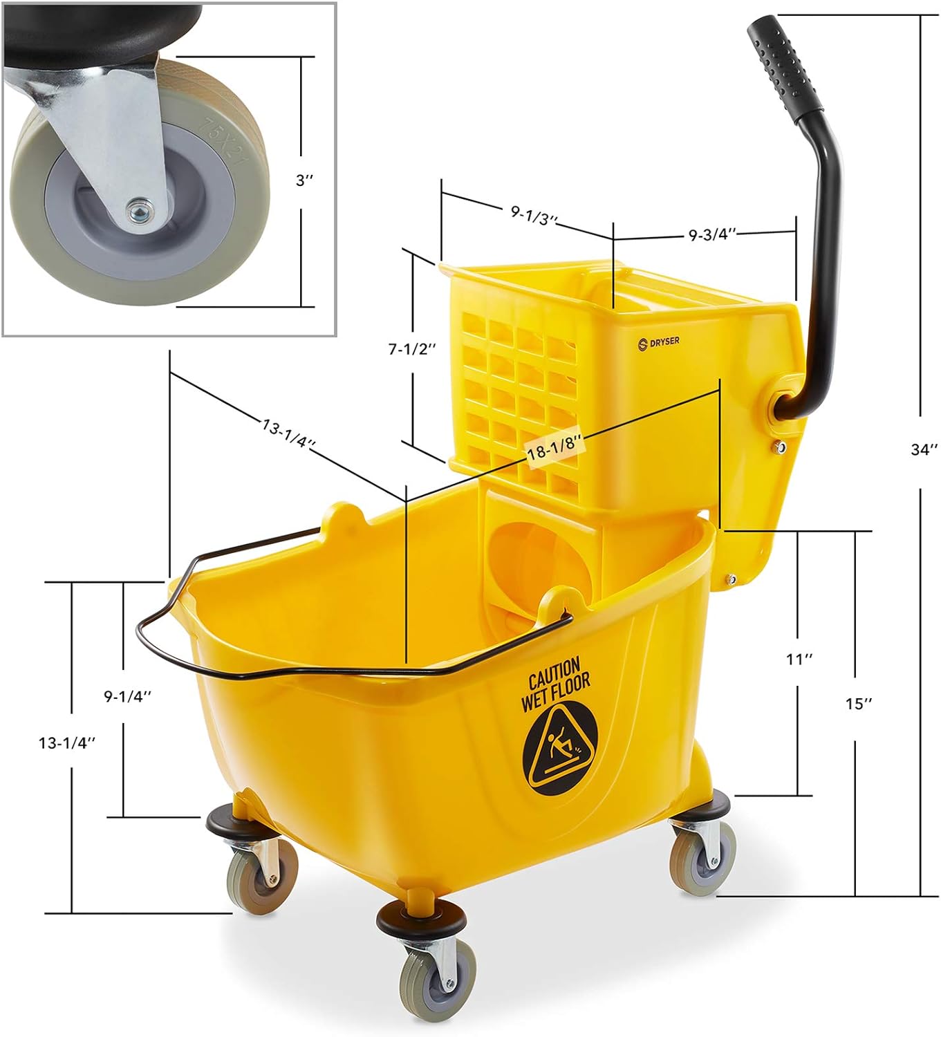 Dryser Commercial Mop Bucket with Side Press Wringer, 26 Quart, Yellow