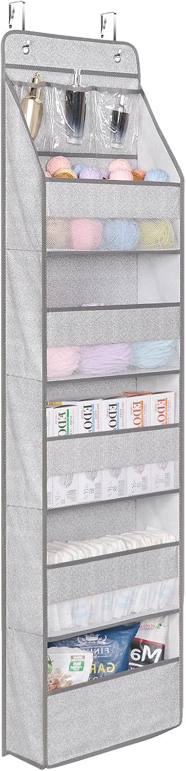 Univivi 6-Shelf Over Door Hanging Organizer Fabric Baby Door Storage with 5 Large Pockets and 3 Small PVC Pockets Wall Mount Hanging Storage Organizers for Baby Essential (Grey Pattern)