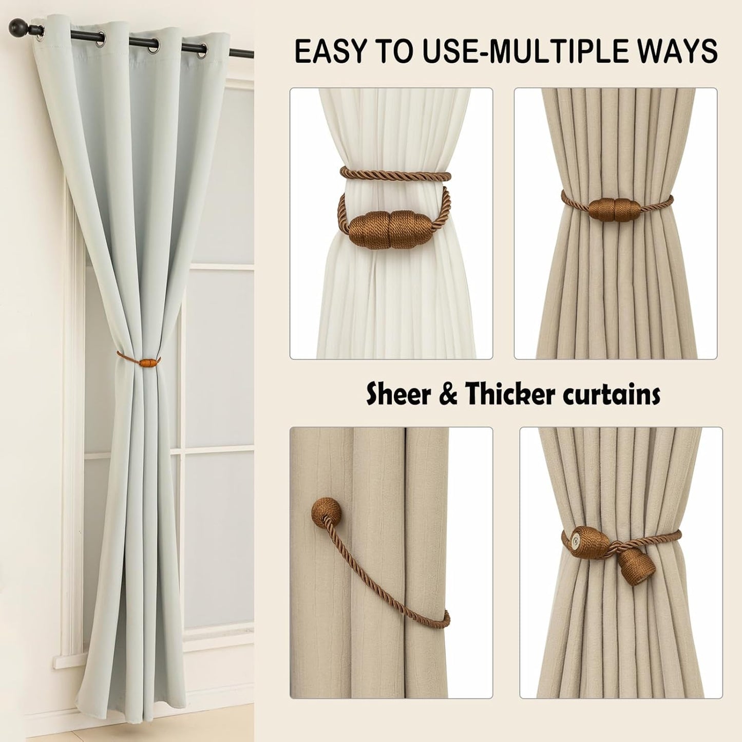 Magnetic Curtain Tiebacks Rope Curtain Tie Backs for Curtains 4 Pack Curtain Holders for Drapes Decorative Window Curtain Holdbacks, Khaki