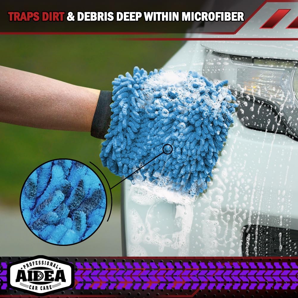 AIDEA Car Wash Mitt Microfiber, 1PK Scratch Free Lint-Free, Premium Chenille Microfiber Sponge Mitt Car Wash Brush, Blue, Regular Size 7.12''X10.14''