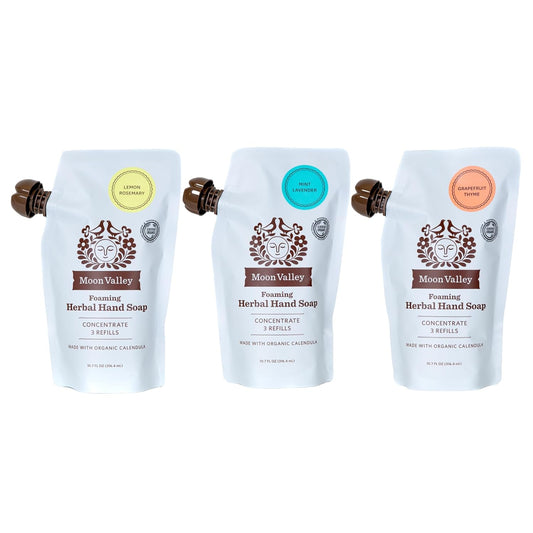 Moon Valley Foaming Hand Soap Refill Pouch, Three-Pack Lemon Rosemary, Mint Lavender, Grapefruit Soap, Vegan and Non-GMO, Environmentally Friendly Option