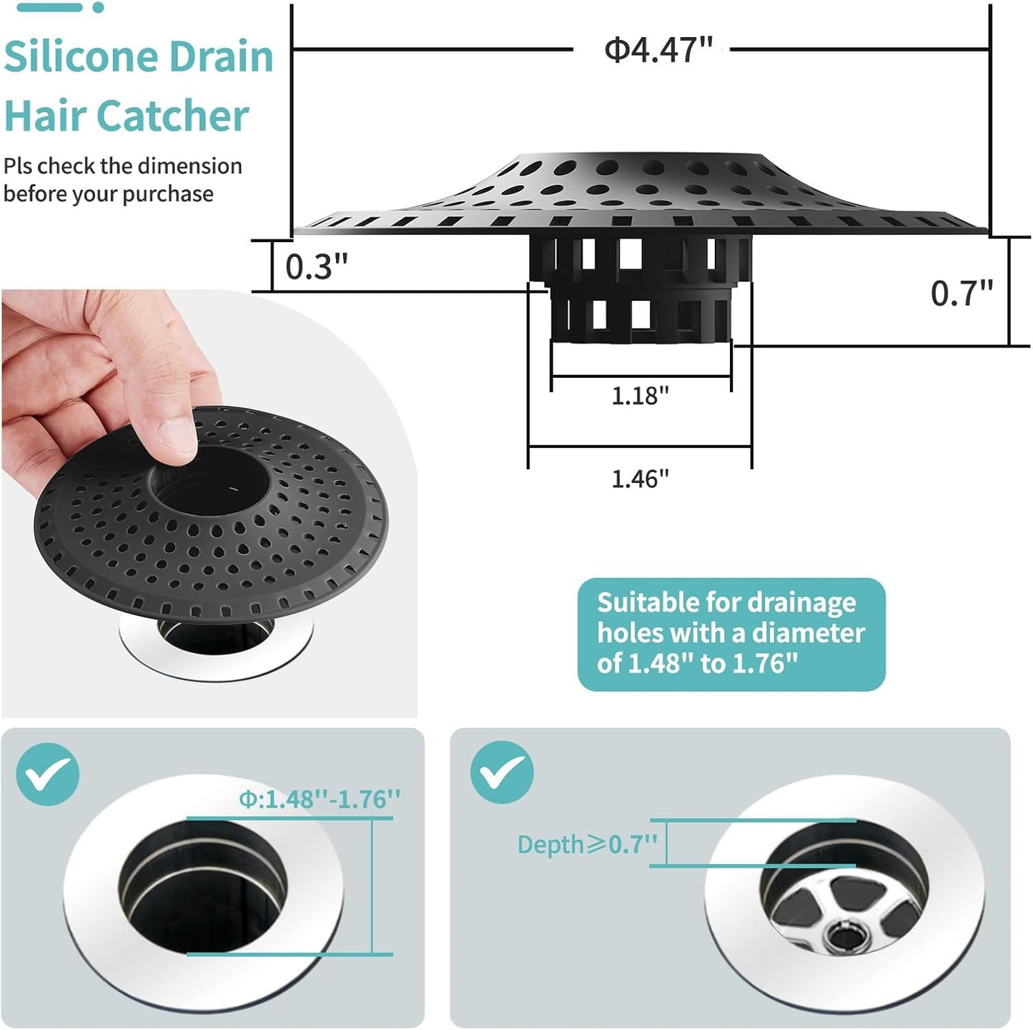 Shower Hair Drain Catcher, Silicone Bathtub Drain Hair Catcher Strainer, All-in-one Tub Hair Catcher Drain Protector for 1.48'' to 1.76'' Regular Drains, 3PCS/Black