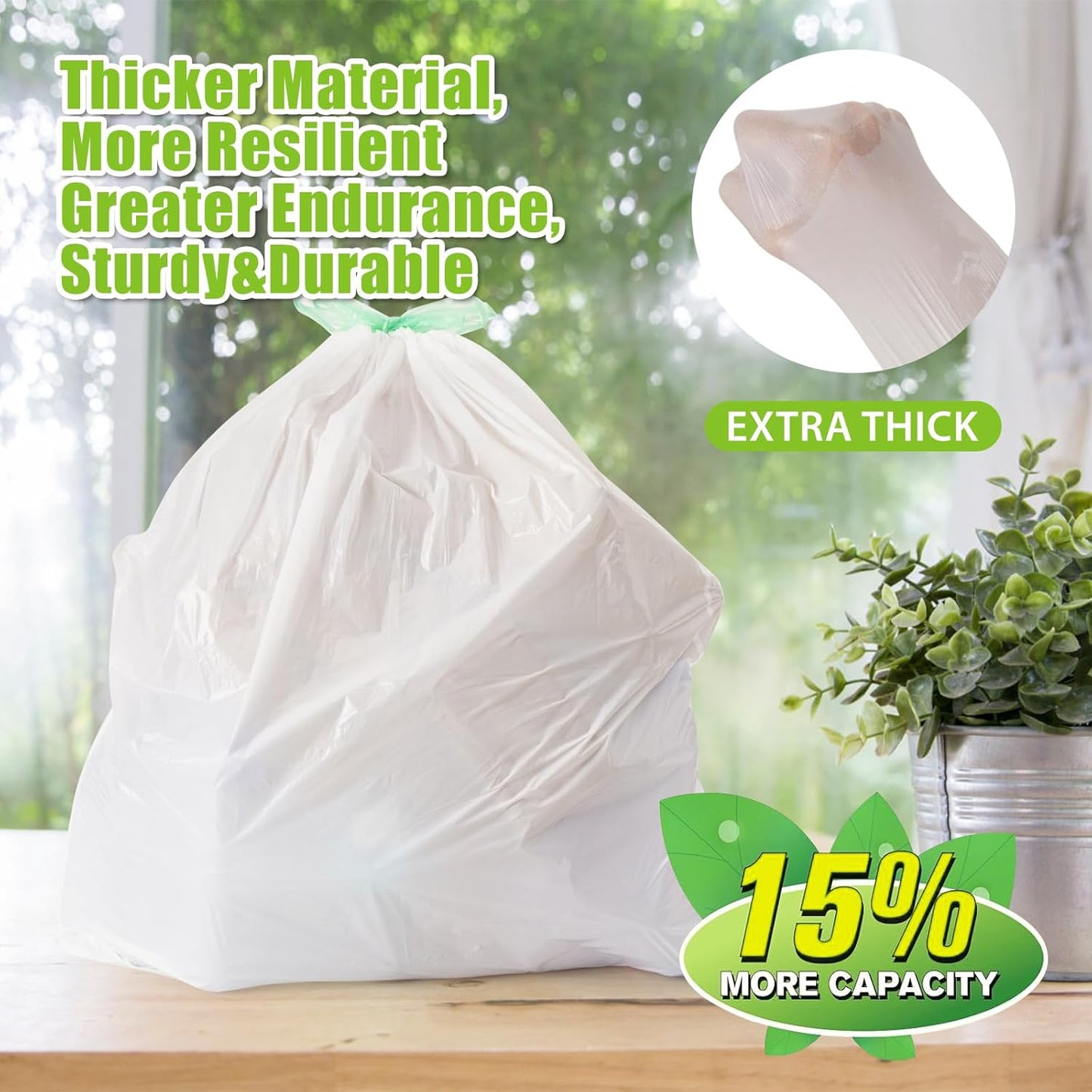 Large Trash Bags 13 Gallon Tall Drawstring 100% Post-Consumer Recycled Garbage Bag Waste Bag for Kitchen Office 0.6 Mil (300 Count)
