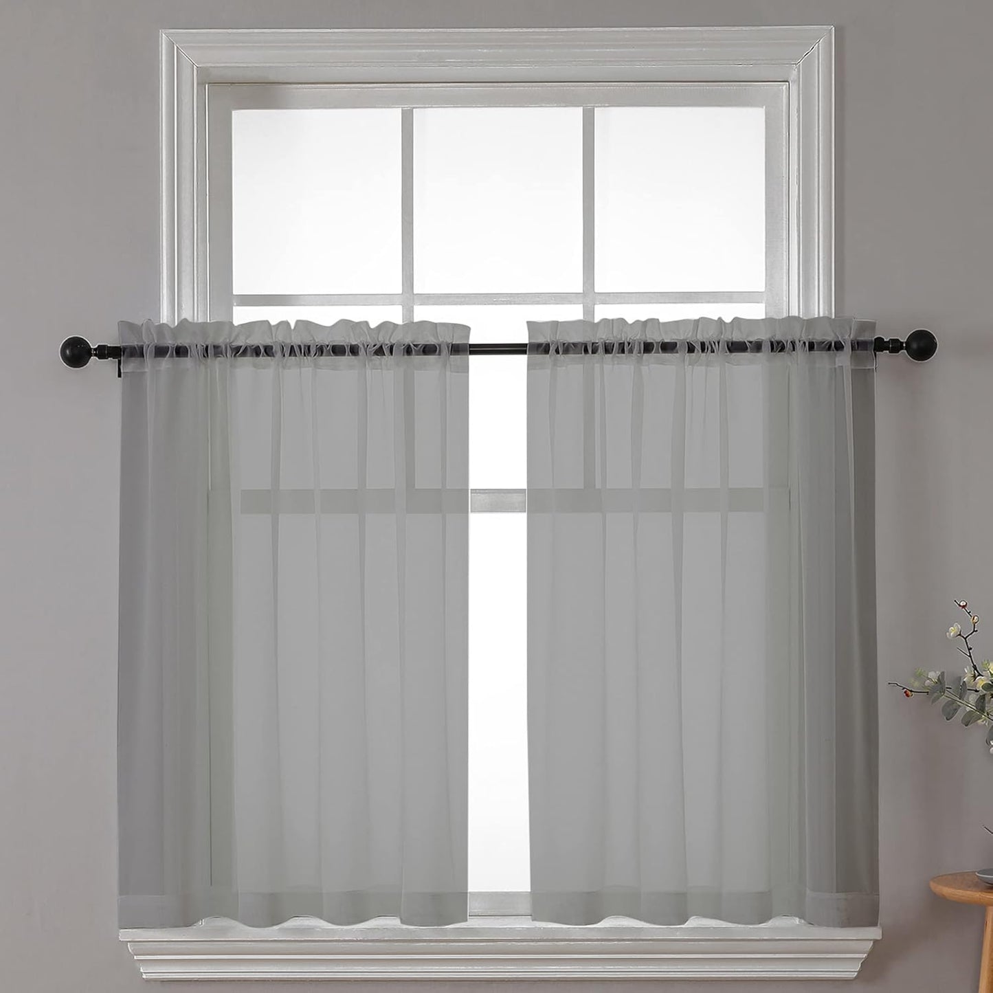 Chyhomenyc Sheer Window Curtains Tier 2 Pieces Set, 36 inch Length, Short Dining Curtains Window Treatment for Small Windows/Bathroom/Cafe/Living Room, Rod Pocket, Charcoal Grey