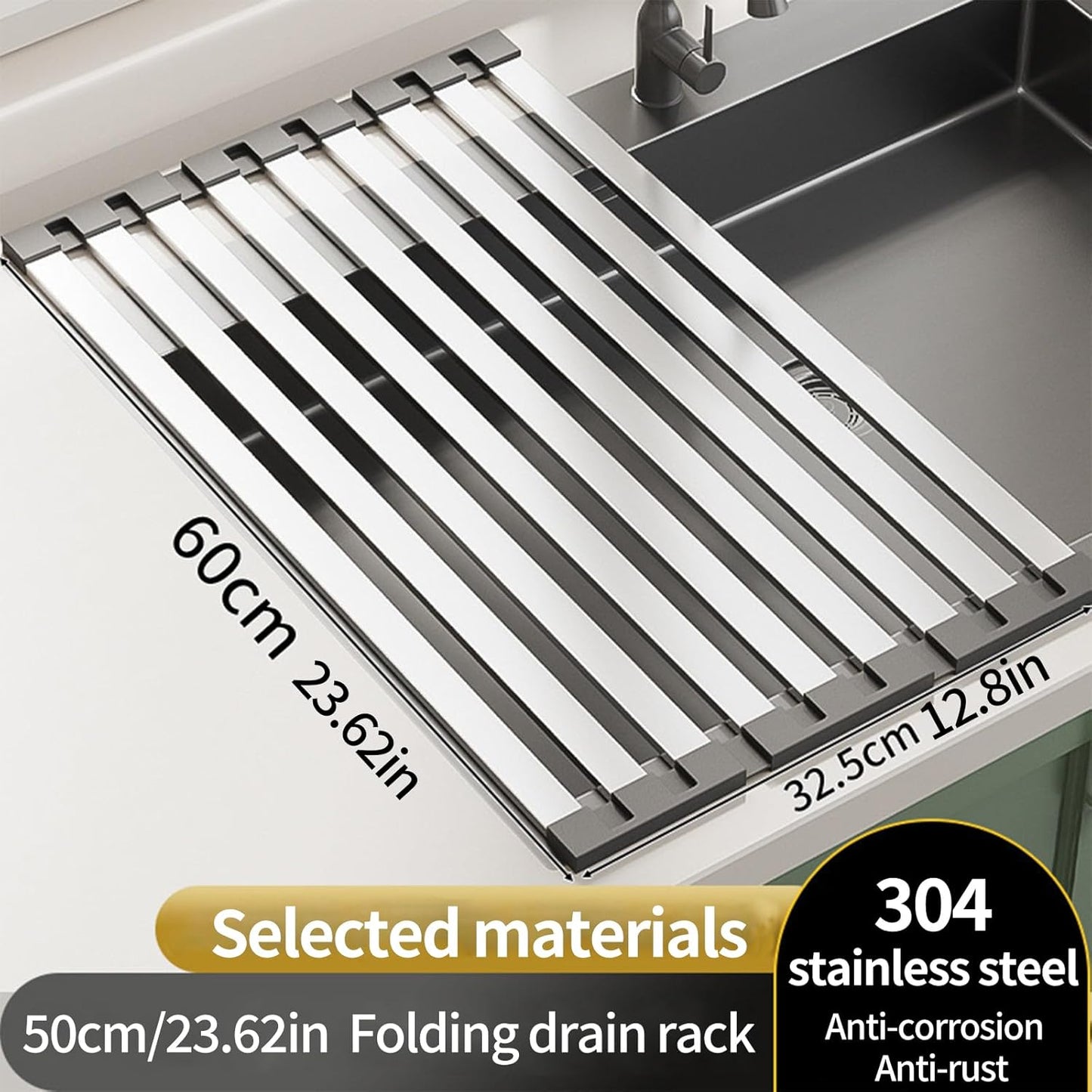 Foldable Dish Drying Rack, Over The Sink Dish Drying Rack ，Dish Drying mat，Dish Drying mats for Kitchen Counter，Stainless Steel Multifunctional mat (23.62×12.8in)