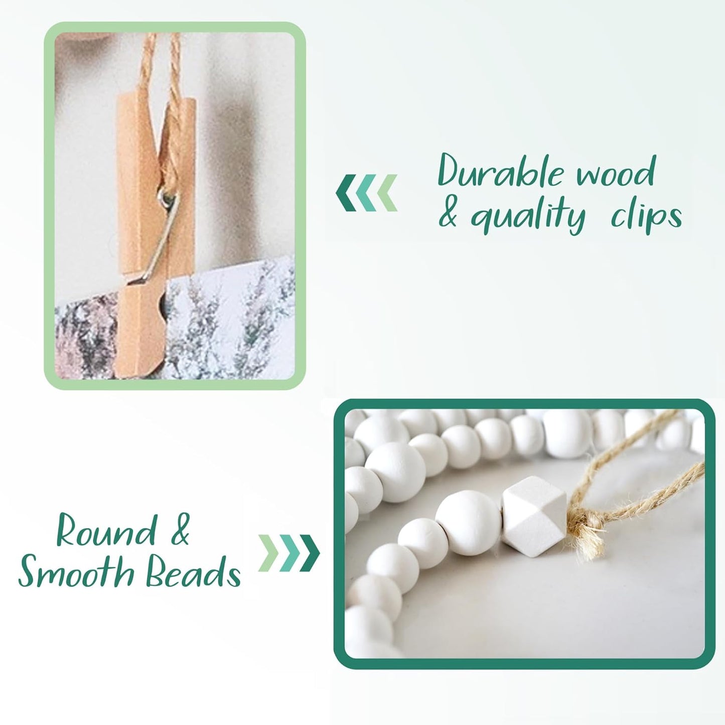 8 Feet Wooden Beads Garland with Clothespins Picture Cards Holder - Country Farmhouse Christmas Nursery Boho Holiday Decorations with Clips