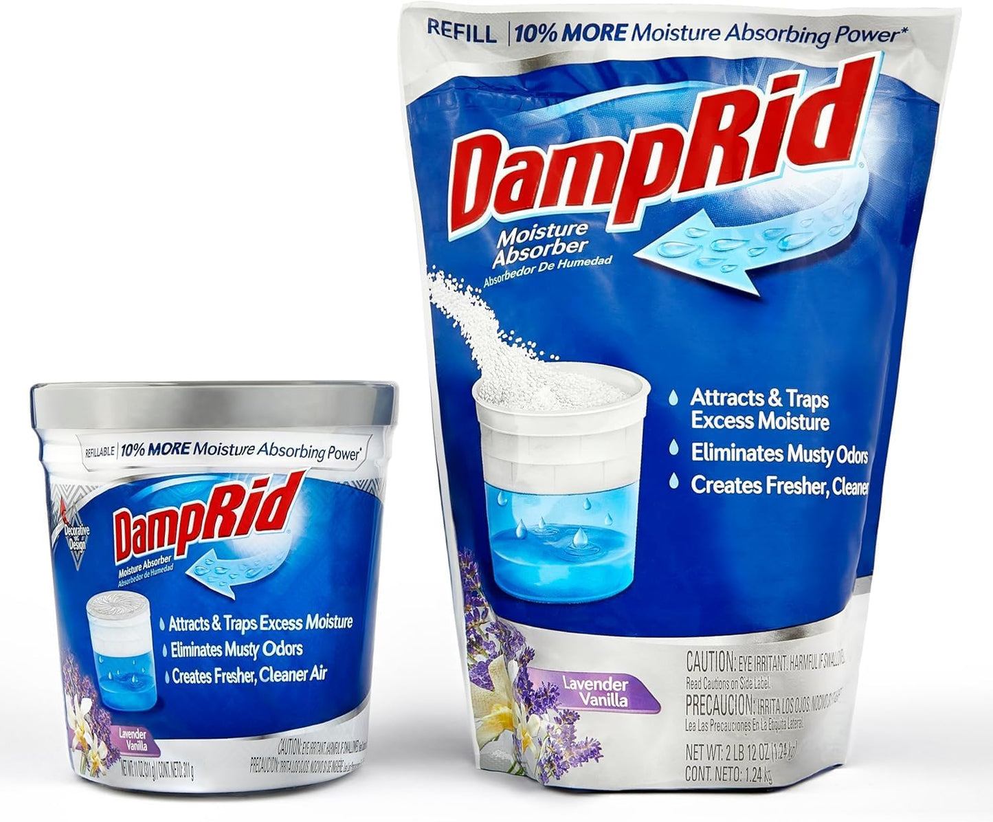 Damp Rid Refillable Moisture Absorber, Includes Single Damp Rid Lavender Vanilla 11oz. Cup & 44oz. Refill Bag - Moisture Absorbers for Closet, 10% More Absorbing Power*, Cleaner Air - ILIOS Packaging.