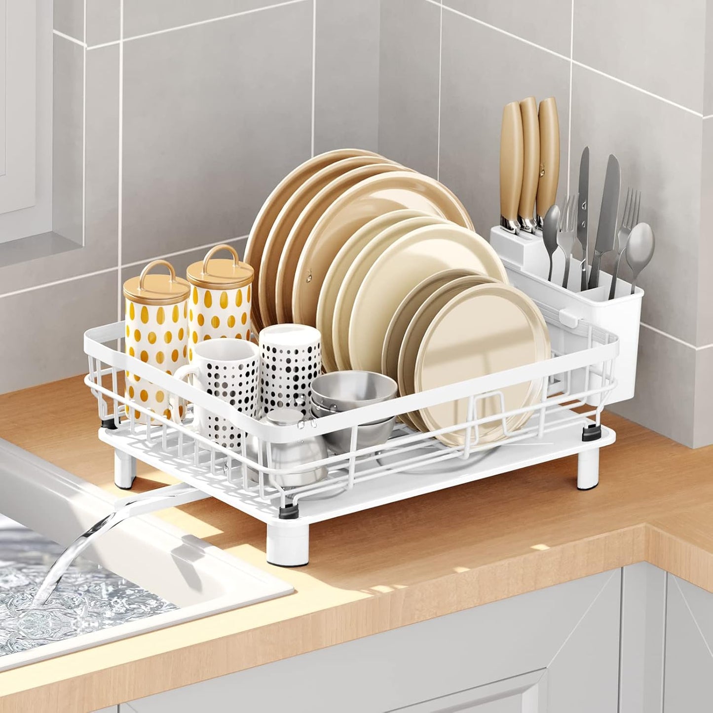 Iron Dish Drying Rack with Drainboard Dish Drainers for Kitchen Counter Extendable Spout Strainers with Utensil Holder and Knife Slots, White