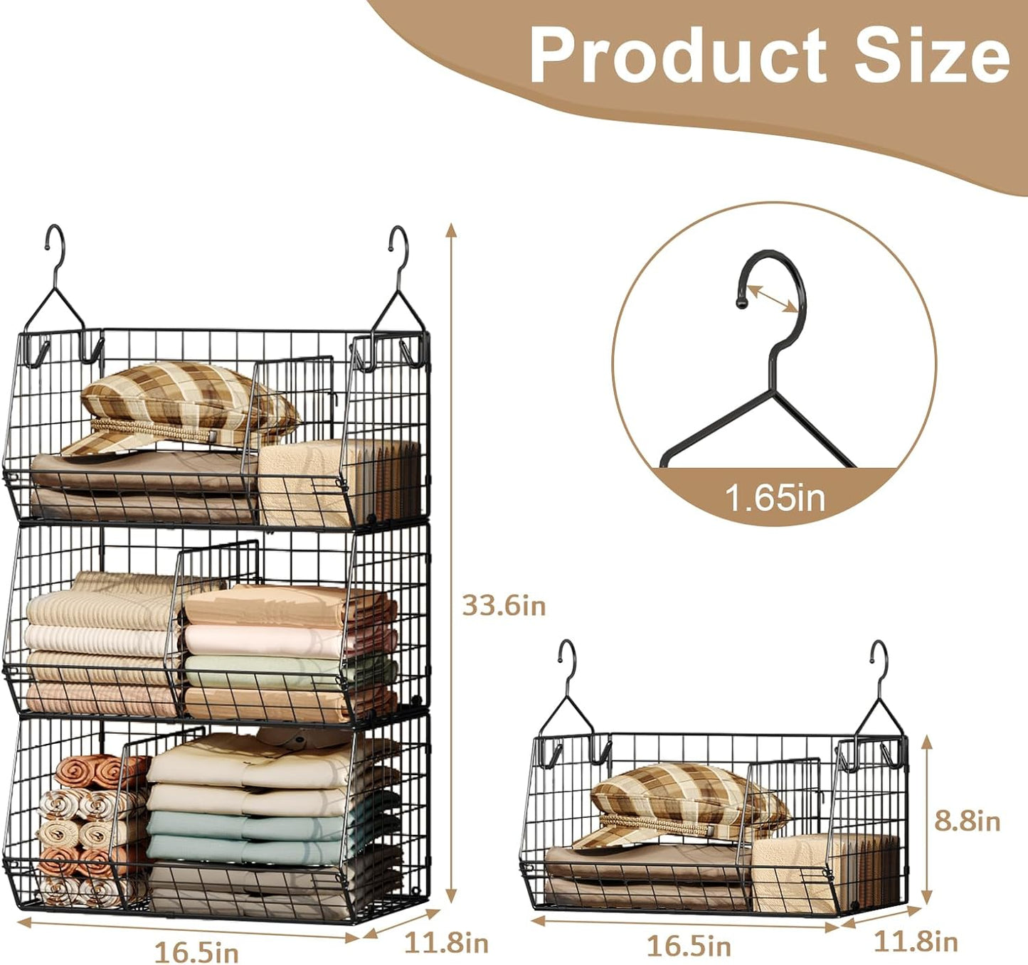 3 Tier Closet Hanging Shelves with Divider, Extra Large Closet Organizers and Storage, Clothes Hanging Organizer Clothing Sweaters Handbags Clutches Accessories