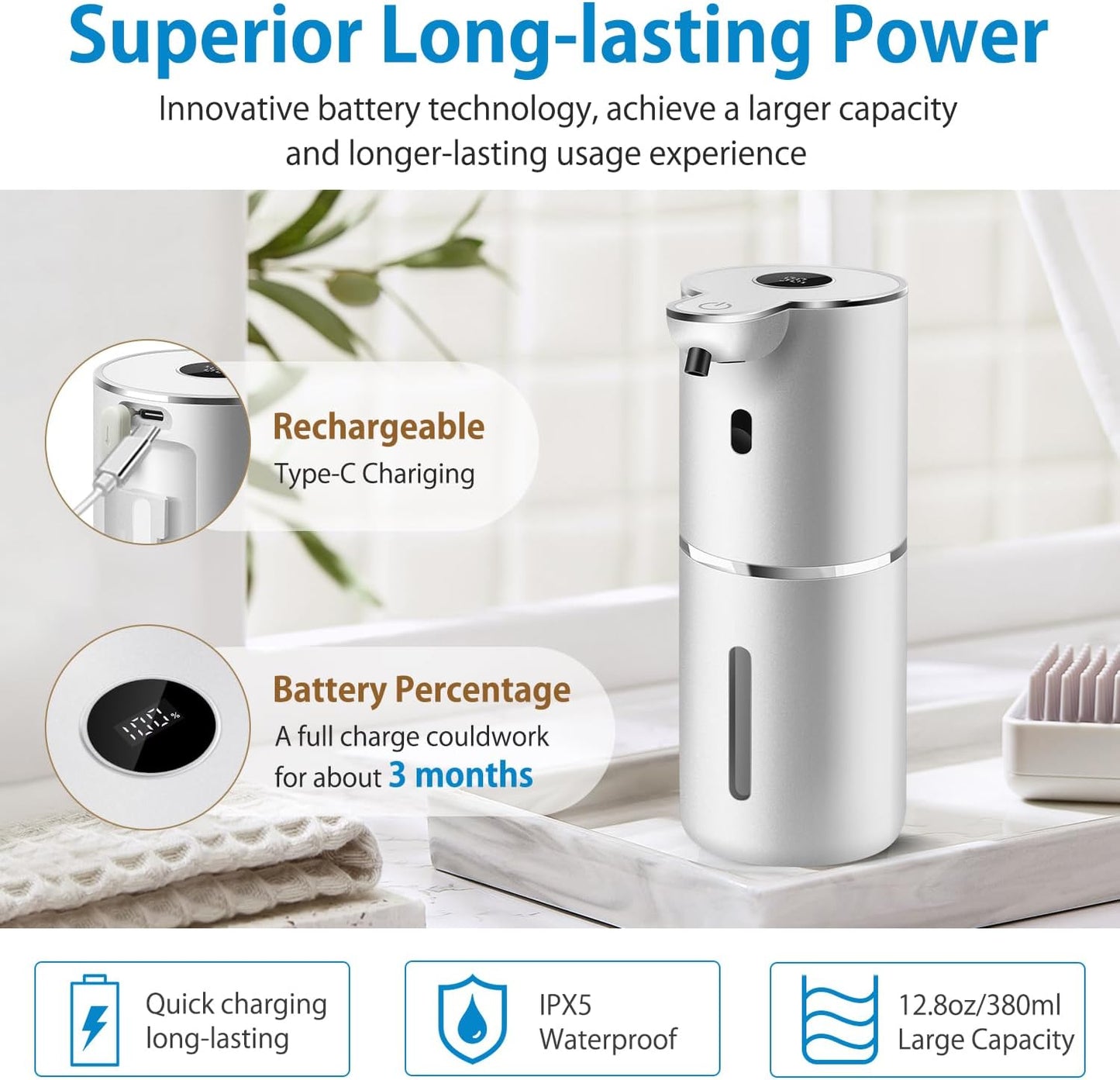 Automatic Foaming Soap Dispenser 12.8oz, Rechargeable & 6 Levels Foaming Adjustable with Digital Display, Wall Mount, Waterproof, Touchless Hand/Dish Soap Dispenser for Kitchen, Bathroom, Hotel