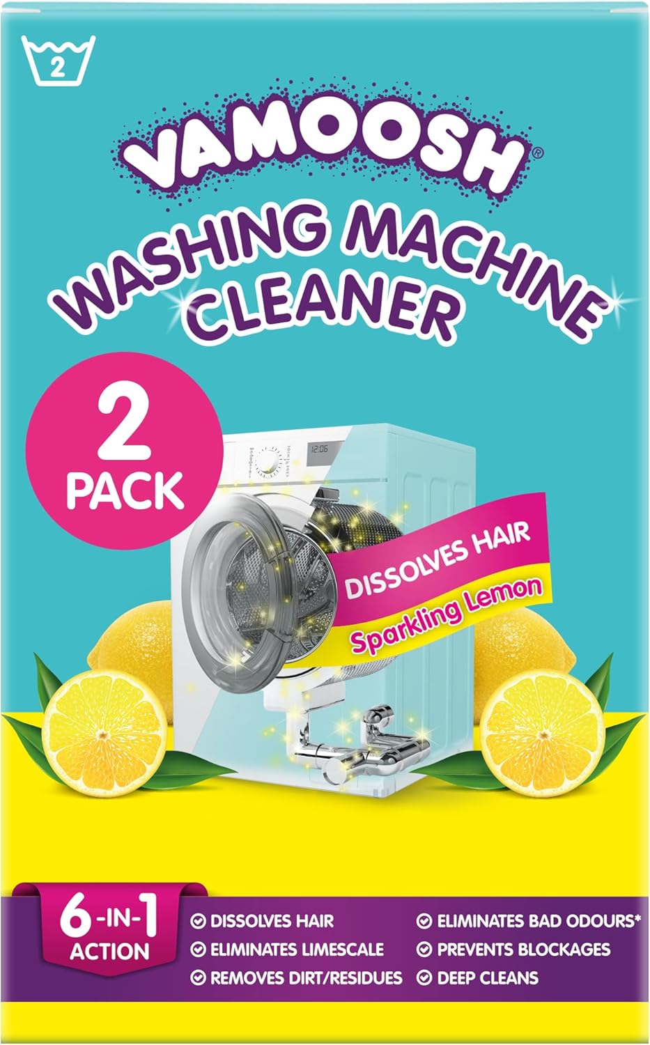 Vamoosh 6-in-1 Washing Machine Cleaner | Patented Pet Hair Dissolving Technology | Made in the UK | No Harmful Chemicals | Removes Limescale | Descales | Lemon Fresh Scent | 150g (Pack of 2)