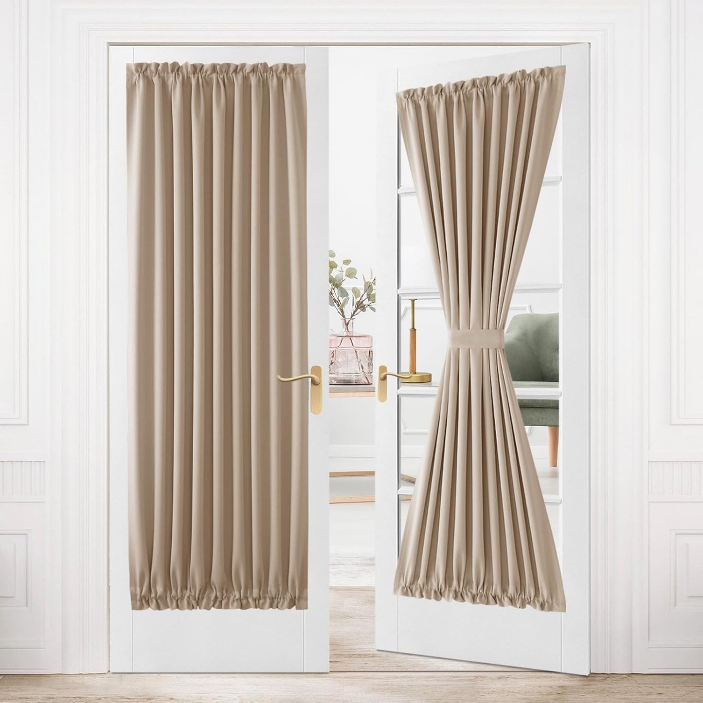DWCN French Door Curtains – Rod Pocket Thermal Blackout Curtain for Doors with Glass Window, Kitchen and Patio Doors for Privacy, 36 X 80 Inches Long, 1 Curtain Panel with Tieback, Beige