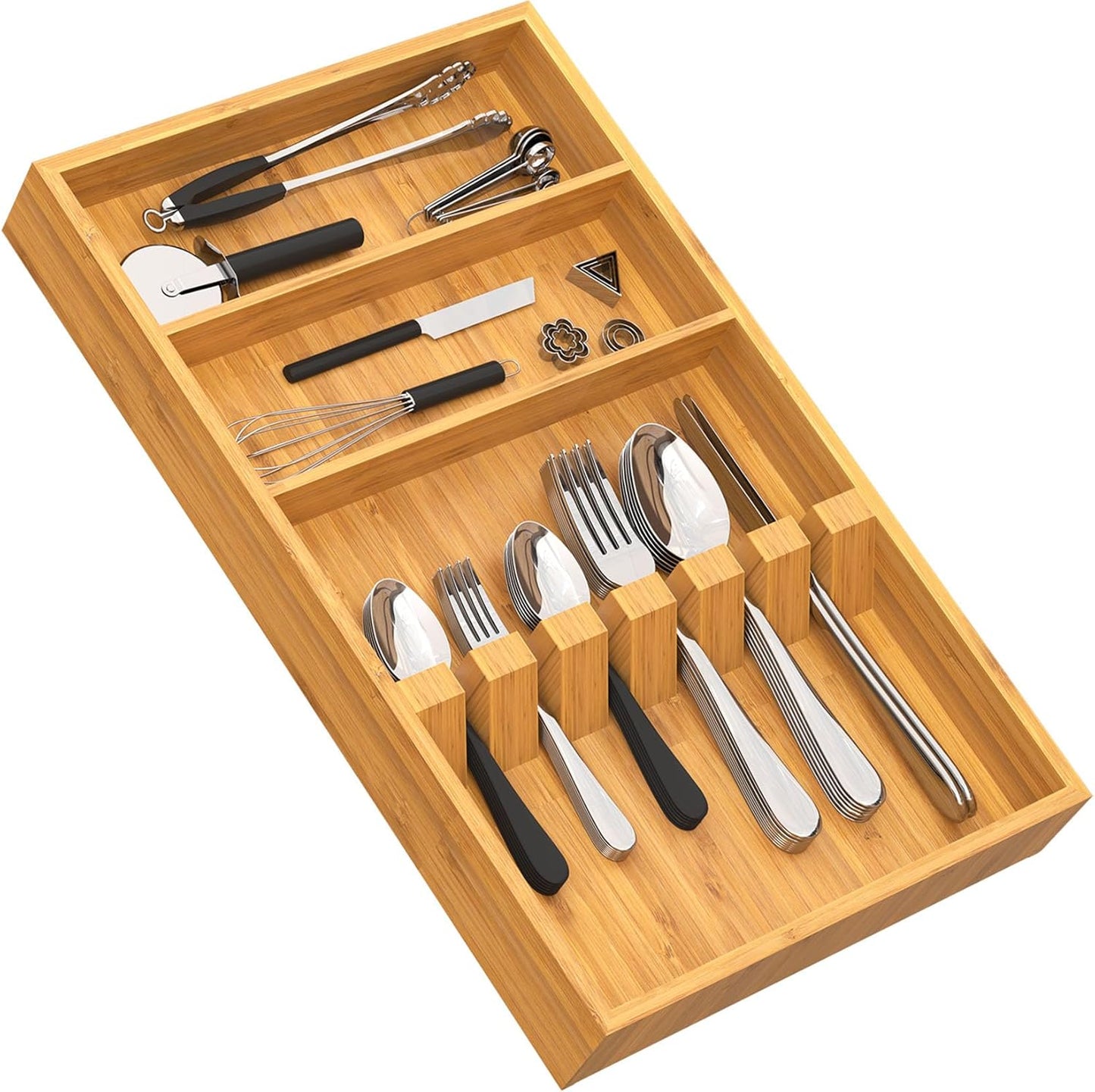 Yofidra Pure Bamboo Silverware Drawer Organizer: 16.53" Lx10 Wx1.93 H Large Silverware Utensil Tray Holder, 3-Compartment with 6 Card Slots Kitchen Flatware Organizer for Spoons Forks Knives
