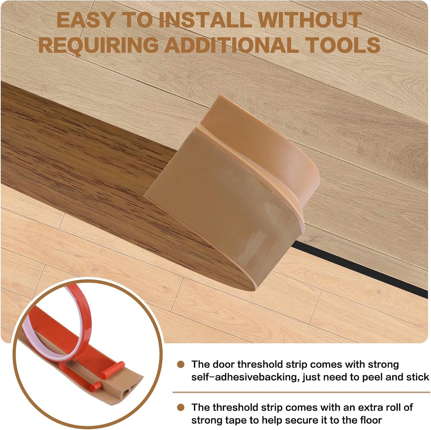 Floor Transition Strip Vinyl Door Threshold Ramp Self Adhesive Carpet Edging Strip Doorway Edge Trim, Overlap Edge Reducer for Laminate Carpet, Floor, Tile (Orange Oak, 2/5" to 3/5", 6.6Ft)