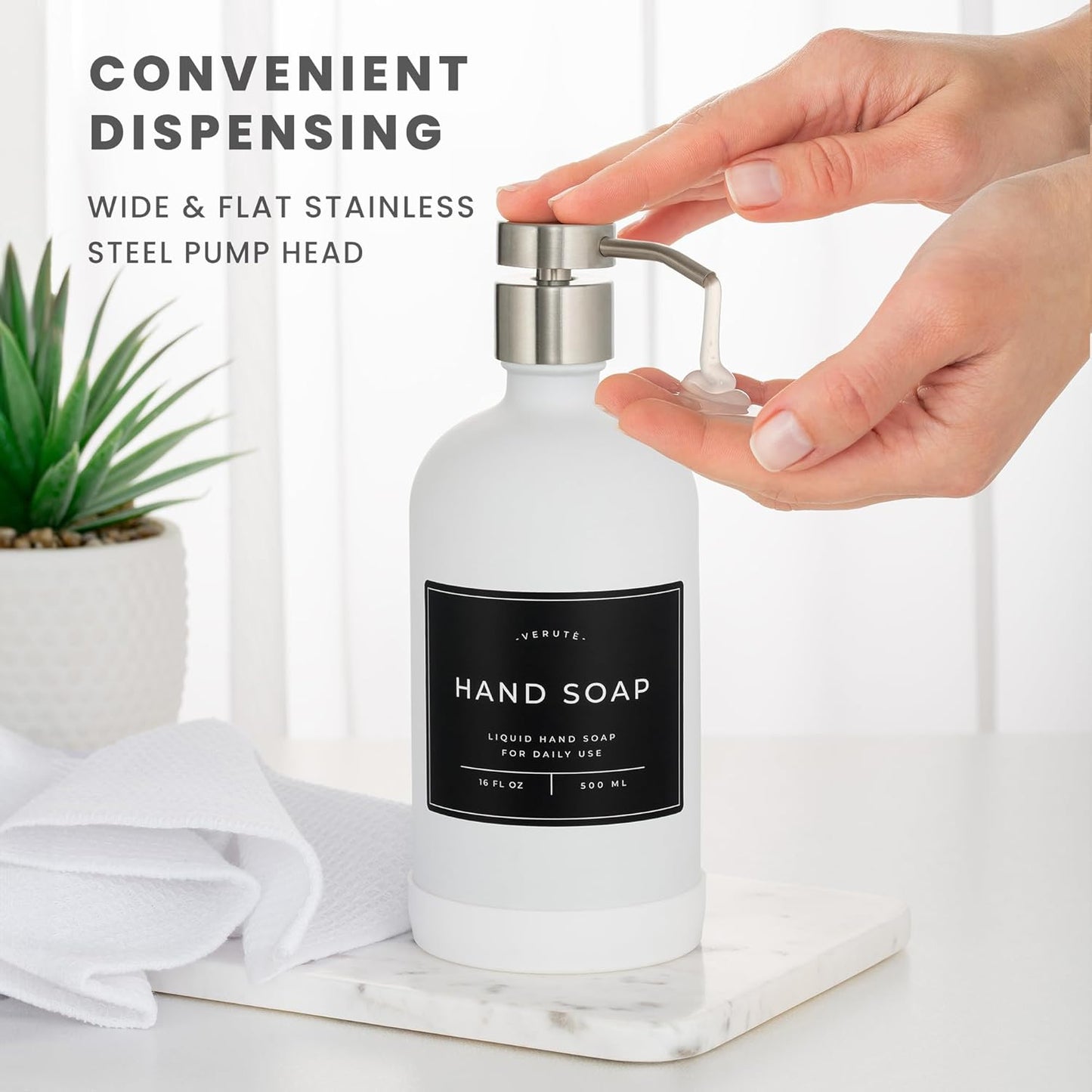 16oz Glass Soap Dispenser with Stainless Steel Pump, 21 Waterproof Labels, Non-Slip Protective Silicone Pad, Set of 2 for Bathroom & Kitchen (Matte White Bottle/Brushed Silver Pump)