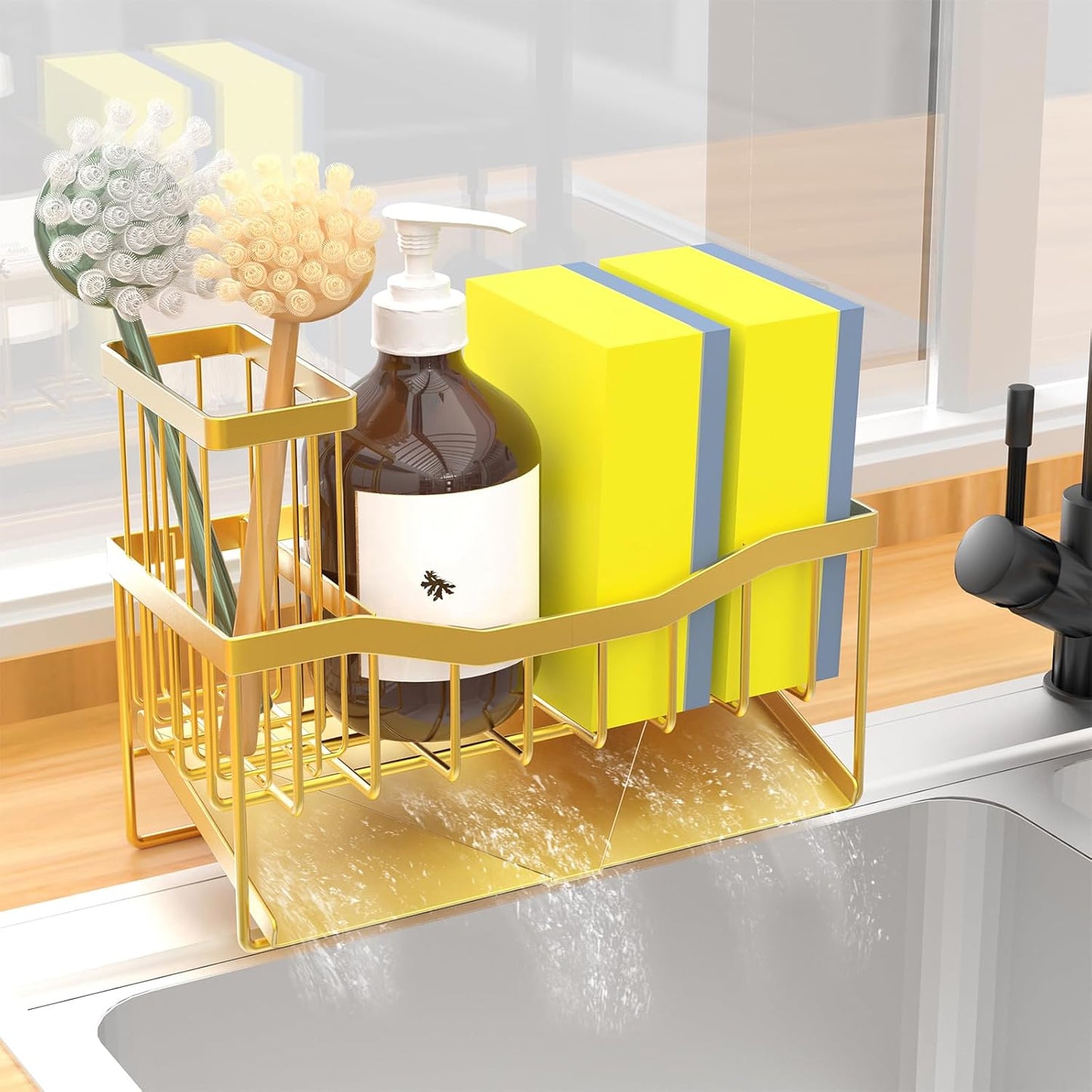 Maifan Sink Caddy Sponge Holder for Kitchen with Brush Holder and Stainless Steel Self Drain Tray, Rustproof Kitchen Sink Organizer for Sponge, Soap Dispenser Storage Accessories