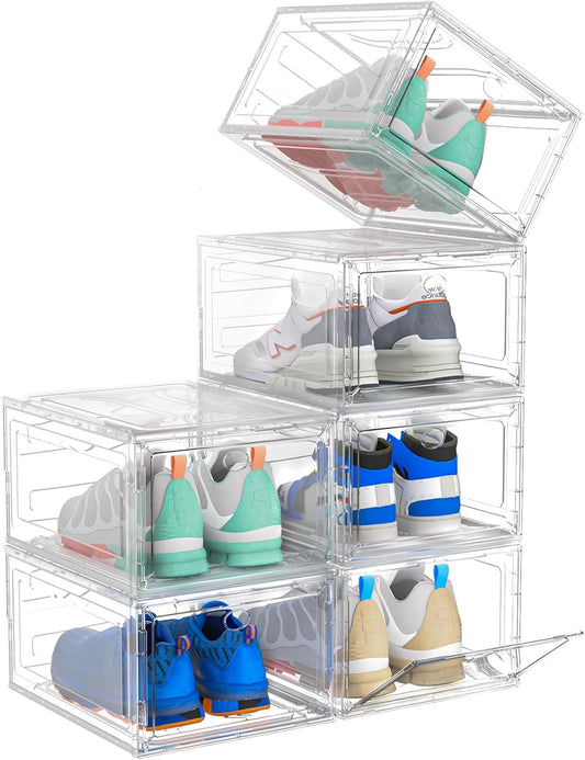 Upgrade Harder Solid Plastic Shoe Organizer, Shoe Storage with Magnetic Front Door, Shoe Rack 6 Pack Shoe Boxes Clear, Sneaker Storage, Shoe Organizer for Closet, Shoe Display Case, White