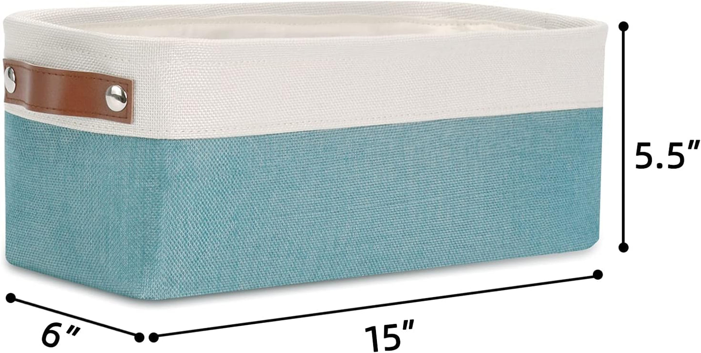 DULLEMELO Fabric Bathroom Storage Bin with Leather Handles, Narrow Organizer for Towels, Toilet Paper Rolls, Storage Basket for Back of Toilet, Vanities, Shelves & Cabinets (White&Teal)