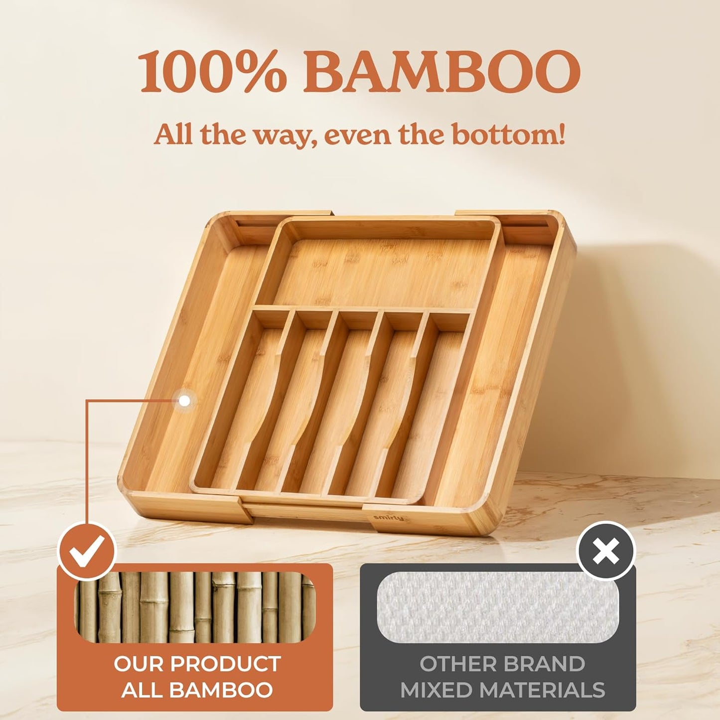 SMIRLY Silverware Drawer Organizer – Bamboo Kitchen Drawer Organizer, Adjustable Utensil Holder and Cutlery Tray, Drawer Dividers for Flatware and Kitchen Utensils