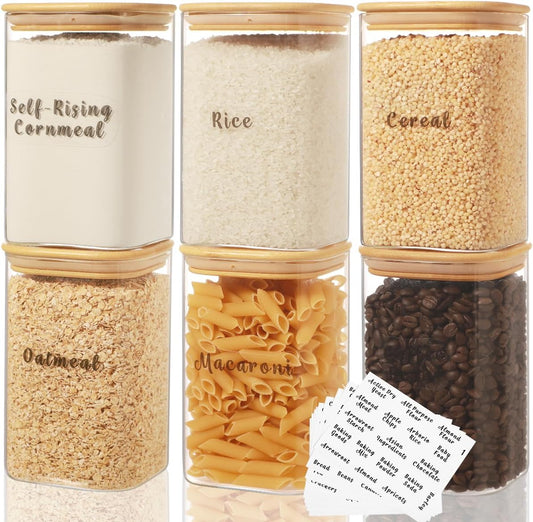 6 Pcs Square Glass Pantry Storage Containers with Bamboo Airtight Lid and 248 Clear Pantry Labels Preprinted - 37oz Thicken Glass Food Storage Jars for Coffee, Cookie, Tea, Sugar, Spice