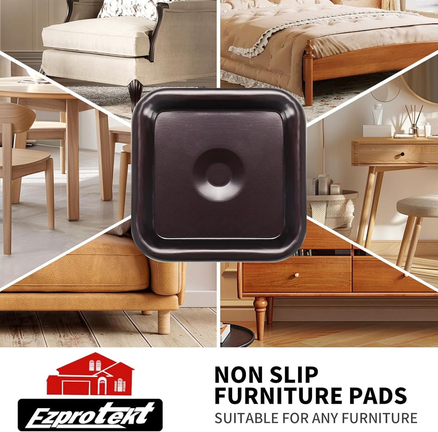 Ezprotekt 1 3/4" Square Non Slip Furniture Pads with Drip Glue Non-Woven Fabric Bottom, 16 Pcs Anti Skid Furniture Coasters Cups Floor Protectors for Bed, Sofa, Table, Chair, Cabinet, Brown/Black