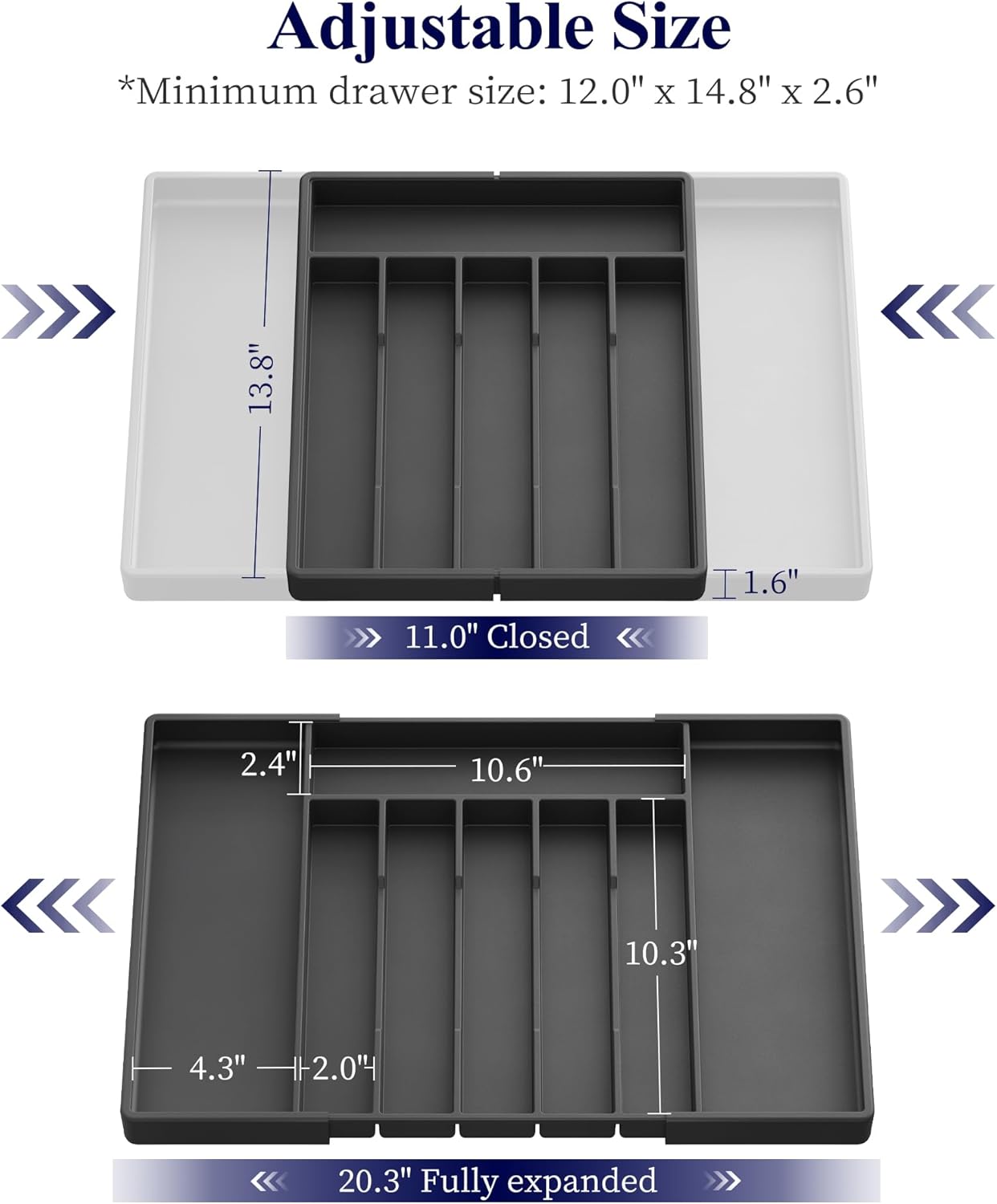 Kitsure Silverware Organizer for Drawers - Expandable Cutlery and Utensil Drawer Organizer with Easy Maintenance, Premium PP Kitchen Organizers and Storage for Flatware, Black, 20.3" x 13.8" x 1.6"