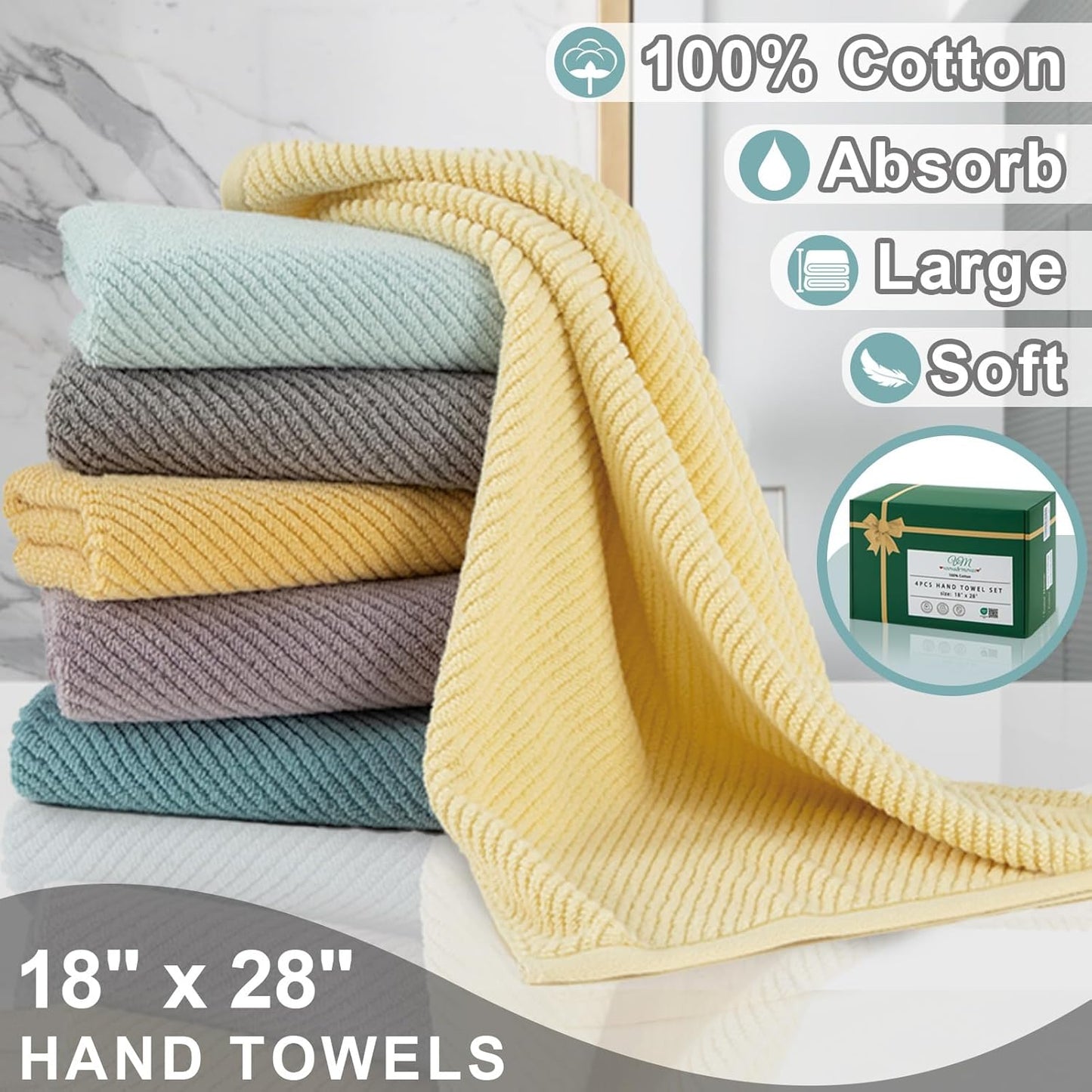 Teal Hand Towels for Bathroom, Bathroom Hand Towels Set of 4, Large 18" x 28" - Quick Dry | Lightweight | Soft | 100% Cotton | Absorbent, Thick Fluffy Towel Set for Showering, Aqua Towel Gift Set